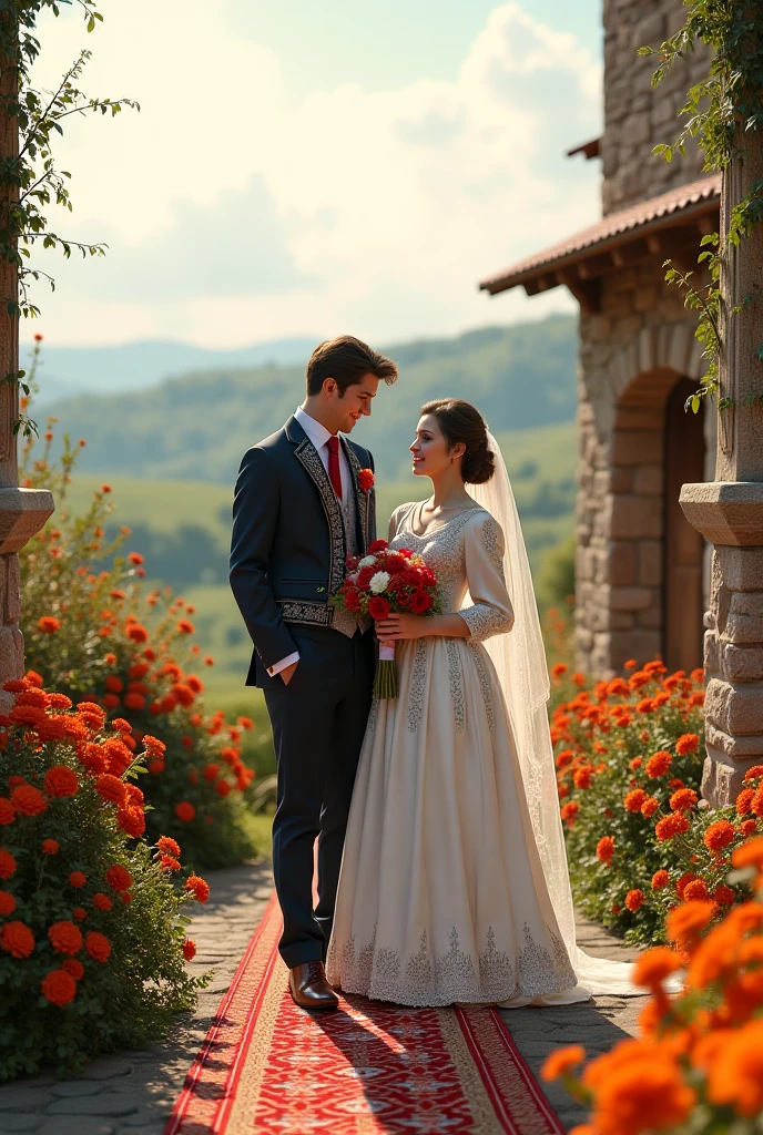 Dilapidated old houses on tombstones,There was one wearing a red wedding dress,Bride holding red flowers