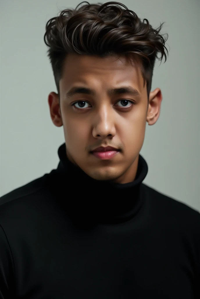 A man portrait wearing black turtle neck shirt with fabolous wavy hair, serious cool face expression