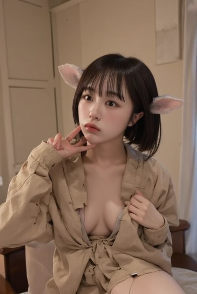 ((Highest quality)), ((masterpiece)), (detailed),nsfw,Perfect Face, she is flat ,, small girl,  Black Bob, ((Narrow eyes)), Japanese, forehead, ((Dimly lit room)), choker, ahegao, looking at viewer, looking up,((single eyelid), close up, kneeling), Pink nipples,(Vulgarity, Obedience,To flatter),Bunny ears