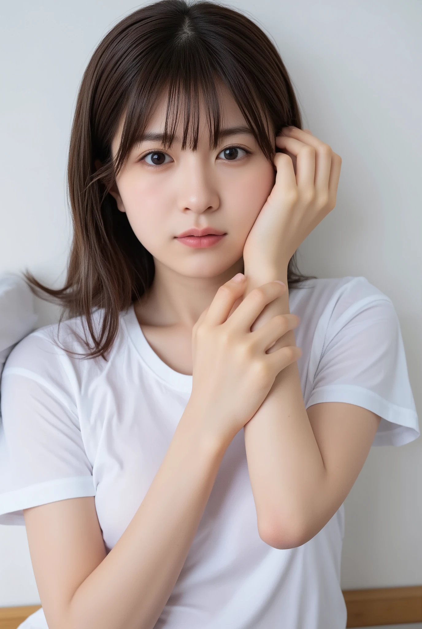 The high resolution photograph of a young Japanese woman, realistic, photo-realistic, masterpiece, best quality, intricate details, extremely detailed, sharp focus, professional lighting, (bust shot, front view, from above:1.2), solo, 1girl, (lying in a bed, on back, head on pillow, sleeping posture:1.4), slender body, small head, straight long black hair with blunt bangs, pale skin, fine-textured skin, shiny skin, natural make-up, tiny breasts, t-shirt, covered nipples, sensual face, seductive eyes, seductive posing for gravure photography, anatomically correct proportions, indoors, home, bedroom,