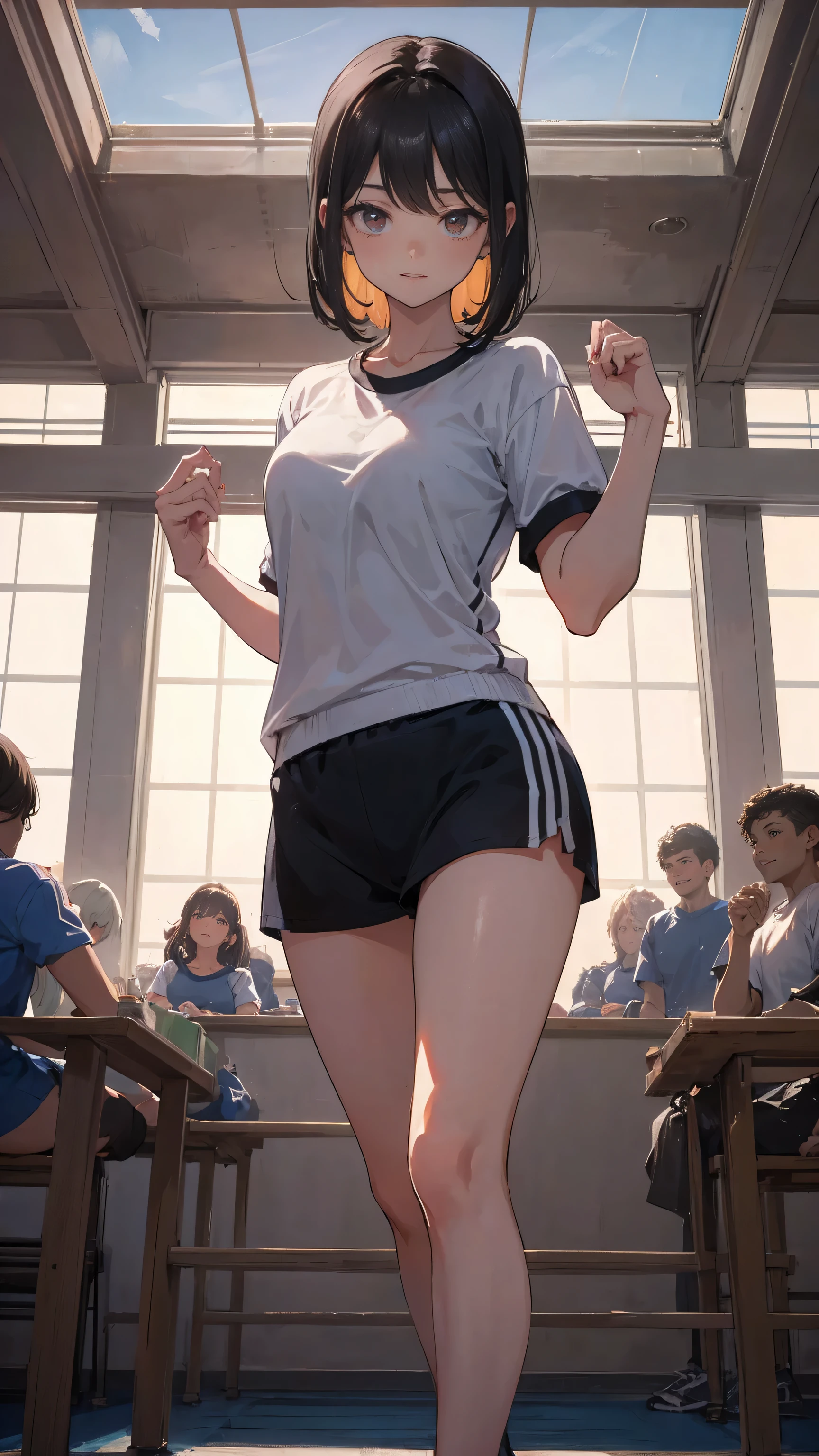 Tall、A black-haired high school girl with excellent athletic ability, Wearing a gym uniform, Holding a volleyball, Stand with Confidence, Cheerful and smiling, In a large school gym, Surrounded by classmates, Bright sunlight streaming through the window, Her posture is strong、Excellent athletic ability, Her eyes are full of energy, In the background, they are teasing her., She is unfazed, Anime Style, Bright and warm lighting, Detailed Gym Background, Dynamic composition, 8K quality, Very detailed
