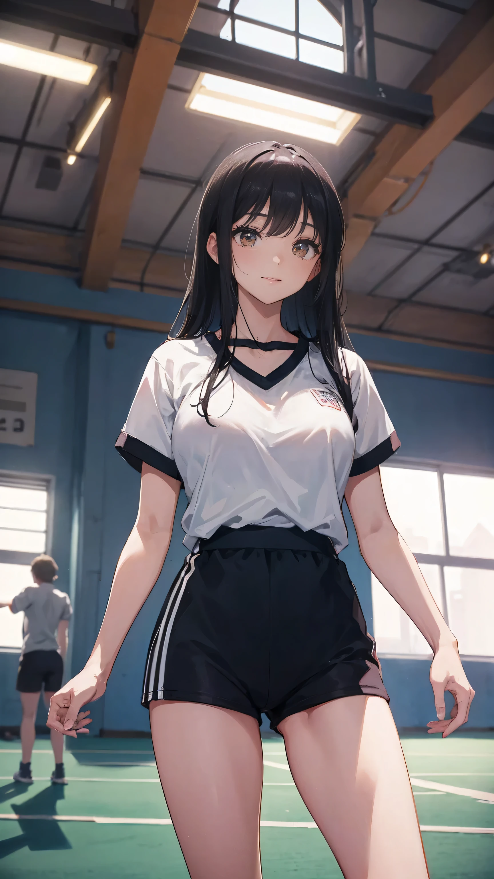 Tall、A black-haired high school girl with excellent athletic ability, Wearing a gym uniform, Holding a volleyball, Stand with Confidence, Cheerful and smiling, In a large school gym, Surrounded by classmates, Bright sunlight streaming through the window, Her posture is strong、Excellent athletic ability, Her eyes are full of energy, In the background, they are teasing her., She is unfazed, Anime Style, Bright and warm lighting, Detailed Gym Background, Dynamic composition, 8K quality, Very detailed