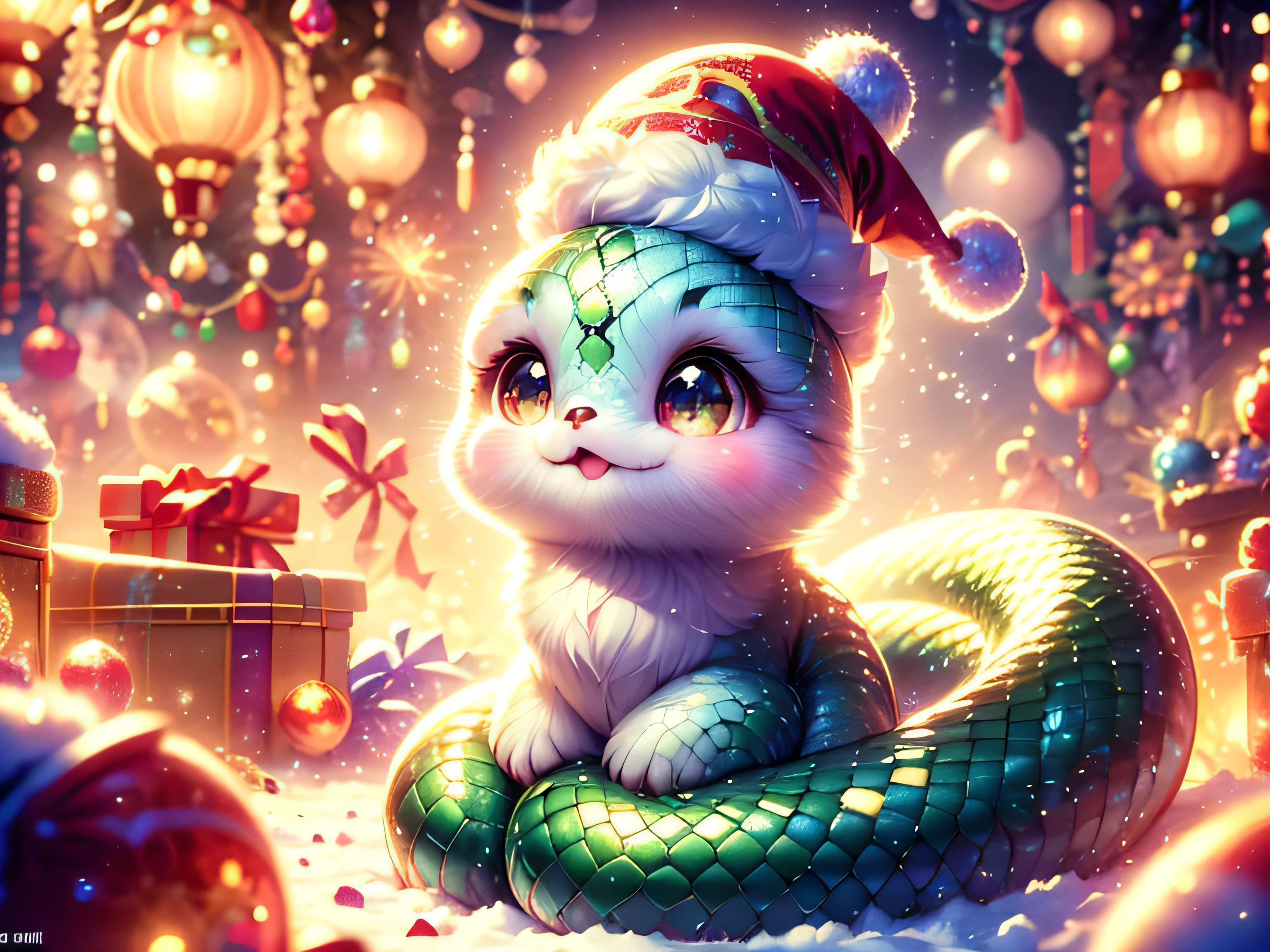 Magical Fantasy Creature, (Best Quality, Masterpiece, Representative Work, Official Art, Professional, Super Detailed, 8k:1.3), (Photorealism:1.2) Hyperrealistic fantasy art. Medium shot. Highly textured, hyperrealistic 3D render, Super Cute, A very cute little snake, curved in an "S" shape, with brightly colored scales. It wears a Santa hat on its head, giving it a playful and festive look. The snake sits on a snowy surface, its head raised, looking with delight at the sparkling fireworks exploding in the Christmas sky. The snake's eyes are large and full of admiration, reflecting the lights of the fireworks. in a bright and cheerful illustration style, with an emphasis on the cute features of the snake. rich and cheerful colors for the scales: a combination of green, red and white. The fireworks should be bright and varied, including gold and silver tones, creating a festive atmosphere. Convey a sense of joy and magic. The snake should look happy and excited, so that the viewer feels the atmosphere of the New Year holiday and magic. The background should be a night sky filled with bright fireworks that sparkle and develop in various shapes. Add snowdrifts and a few decorated Christmas trees to create a cozy and festive atmosphere. Soft focus with a soft volumetric glow. Gouves style artwork, Realism: 1.37, (super fine fantasy art), Masterpiece, high quality design and accurate physics, (super accurate fantasy style)) art, dark fantasy style)), super accurate design and accurate physics), color, depth of field, shadows, ray tracing, (accurate simulation of the interaction of light and materials)], intricate Christmas decorations, glowing garlands, sparkling ornaments, natural light, soft background, photorealistic, sparkling eyes, sharp focus, glowing skin, cute and mischievous look, hint of mischief, dreamy atmosphere, super glossy effect, fine details, soft ambient light, (Backlight: 1.3), (Cinematic: 1.2), intricate details, (ArtStation: 1.3)