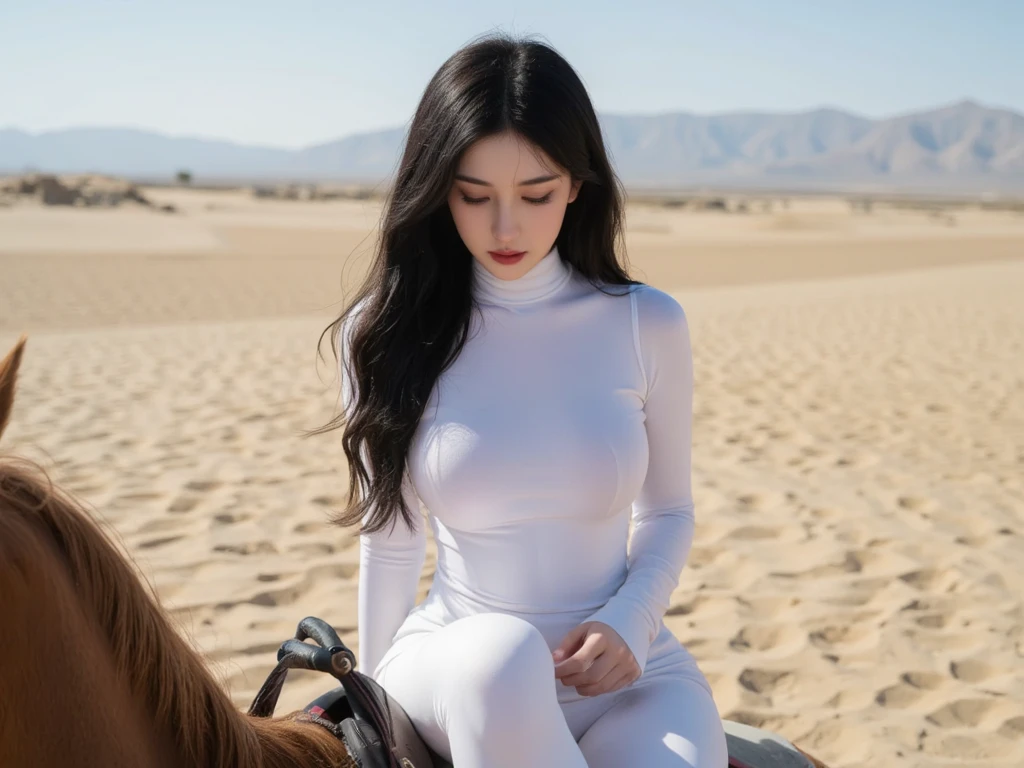 18 y.o. gorgeous female, white leotard, black pantyhose, no shoes, modeling, desert, sunset