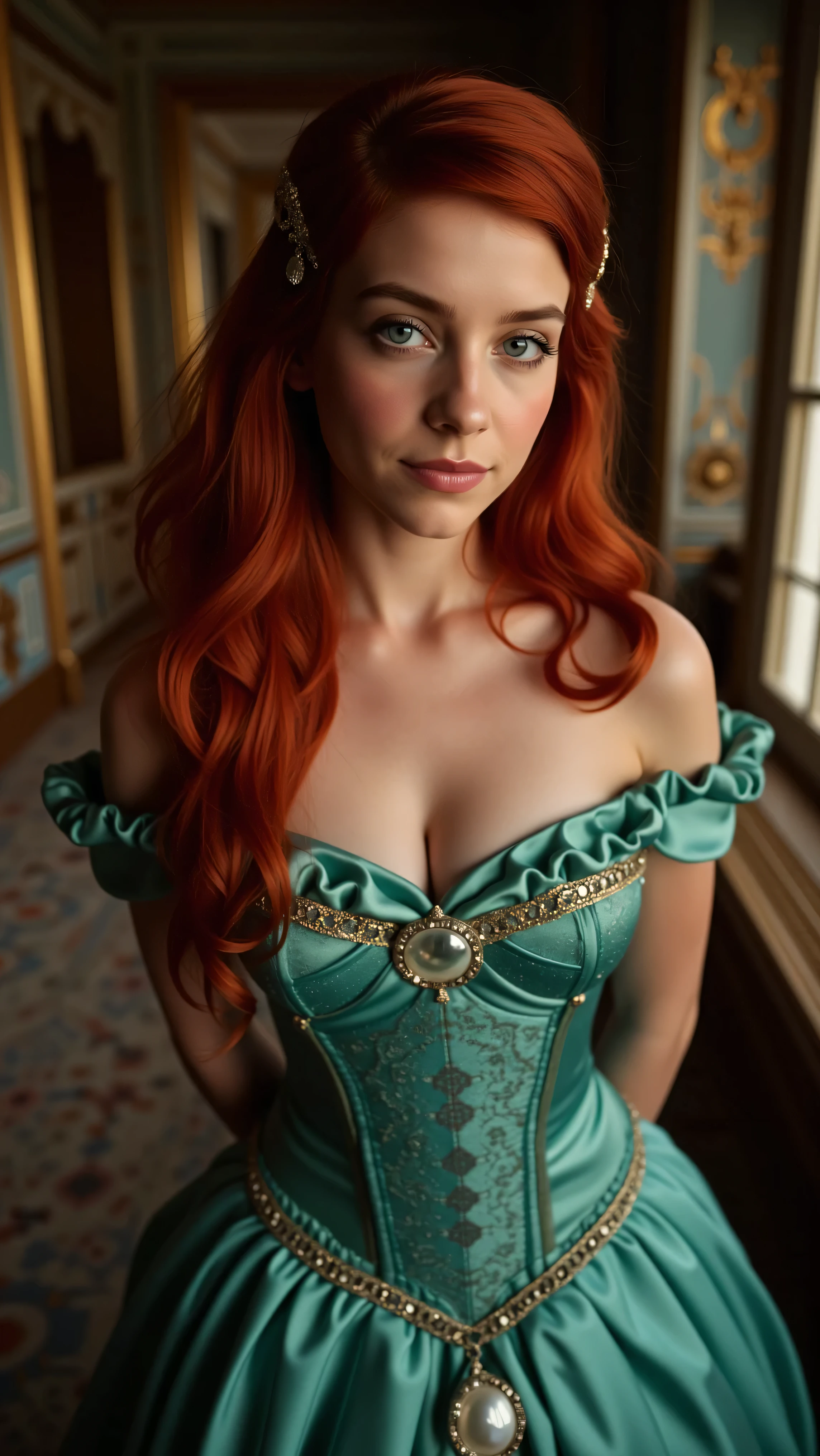 Very Close-up high angle portrait  with a fish eye lens of a busty figure, a   in a ariel costume with her breasts bursting out of the bodice, the bodice is too small for her breasts, ornate ball gown, ((18 years old with tiny breasts; Disney princess Ariel costume; glued to the body; beautiful and elegant; tiny breasts; red hair swept to the side))) and piercing gaze, standing in a dimly lit palace room with ornate designs and a high ceiling, with just a hint of early morning sunlight peeking through the windows. She stands firm, hands clasped behind her back, as she gives a slight  smile. The lighting in the room is dim with a lot focus on her tiny breasts