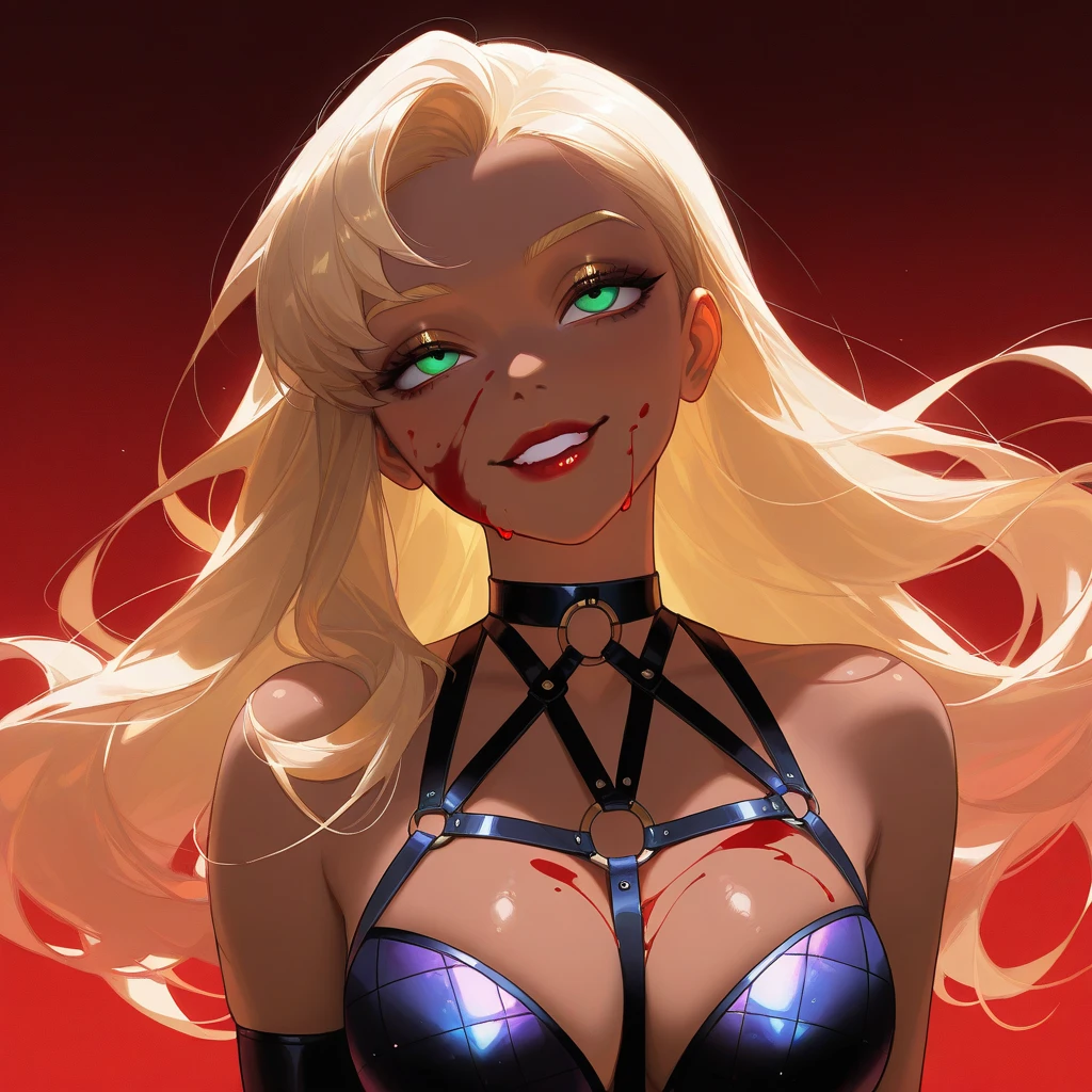 sexy female vampire. rubber outfit, dancing in night club. blonde, glowing eyes. neon light, leather harness. hazy rave ambience