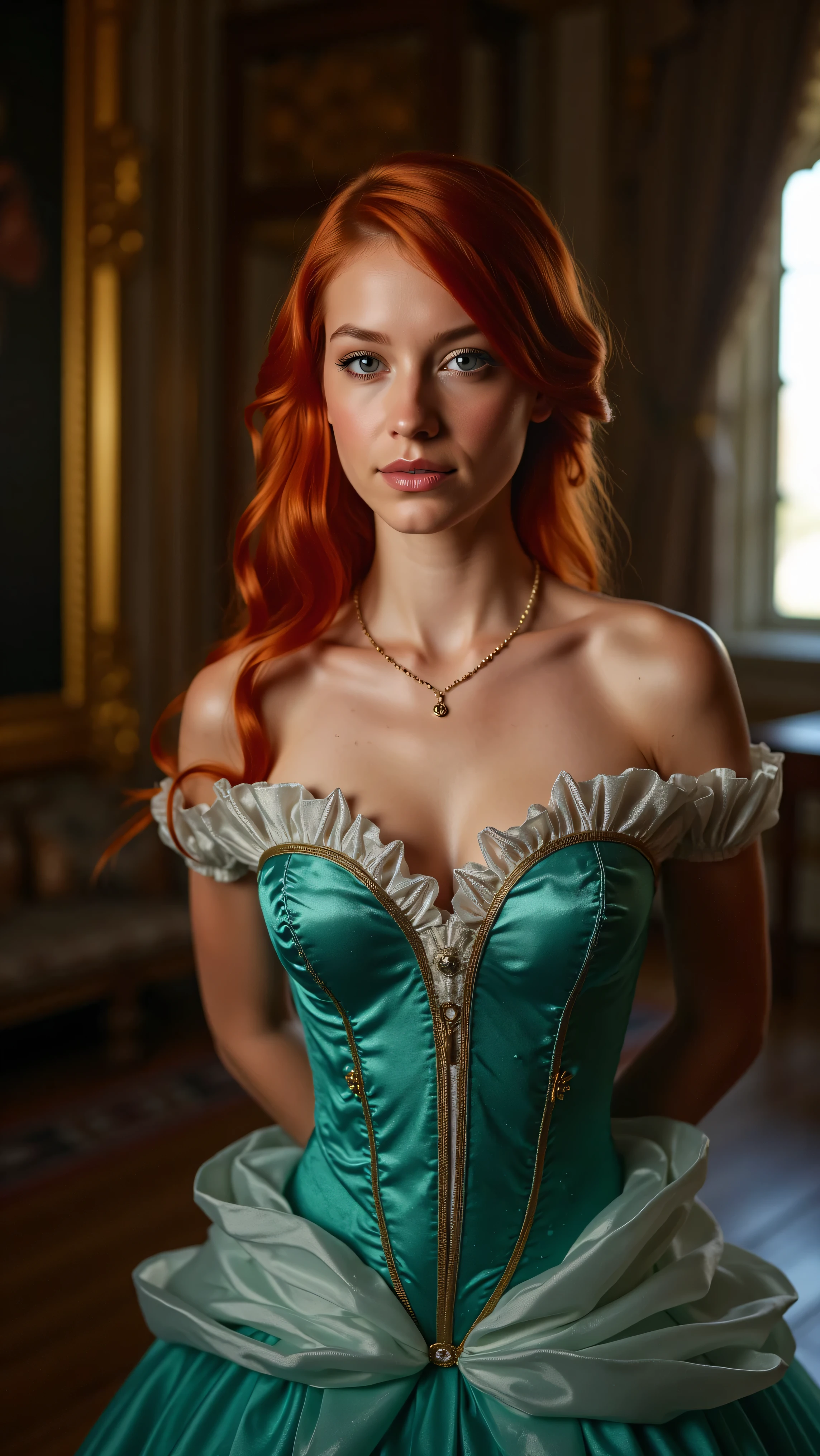 Very Close-up high angle portrait with a fish eye lens of a busty figure, a in a ariel costume with her breasts bursting out of the bodice, the bodice is too small for her breasts, ornate ball gown, ((18 years old with tiny breasts; Disney princess Ariel costume; glued to the body; beautiful and elegant; tiny breasts; red hair swept to the side))) and piercing gaze, standing in a dimly lit palace room with ornate designs and a high ceiling, with just a hint of early morning sunlight peeking through the windows. She stands firm, hands clasped behind her back, as she gives a slight smile. The lighting in the room is dim with a lot focus on her tiny breasts