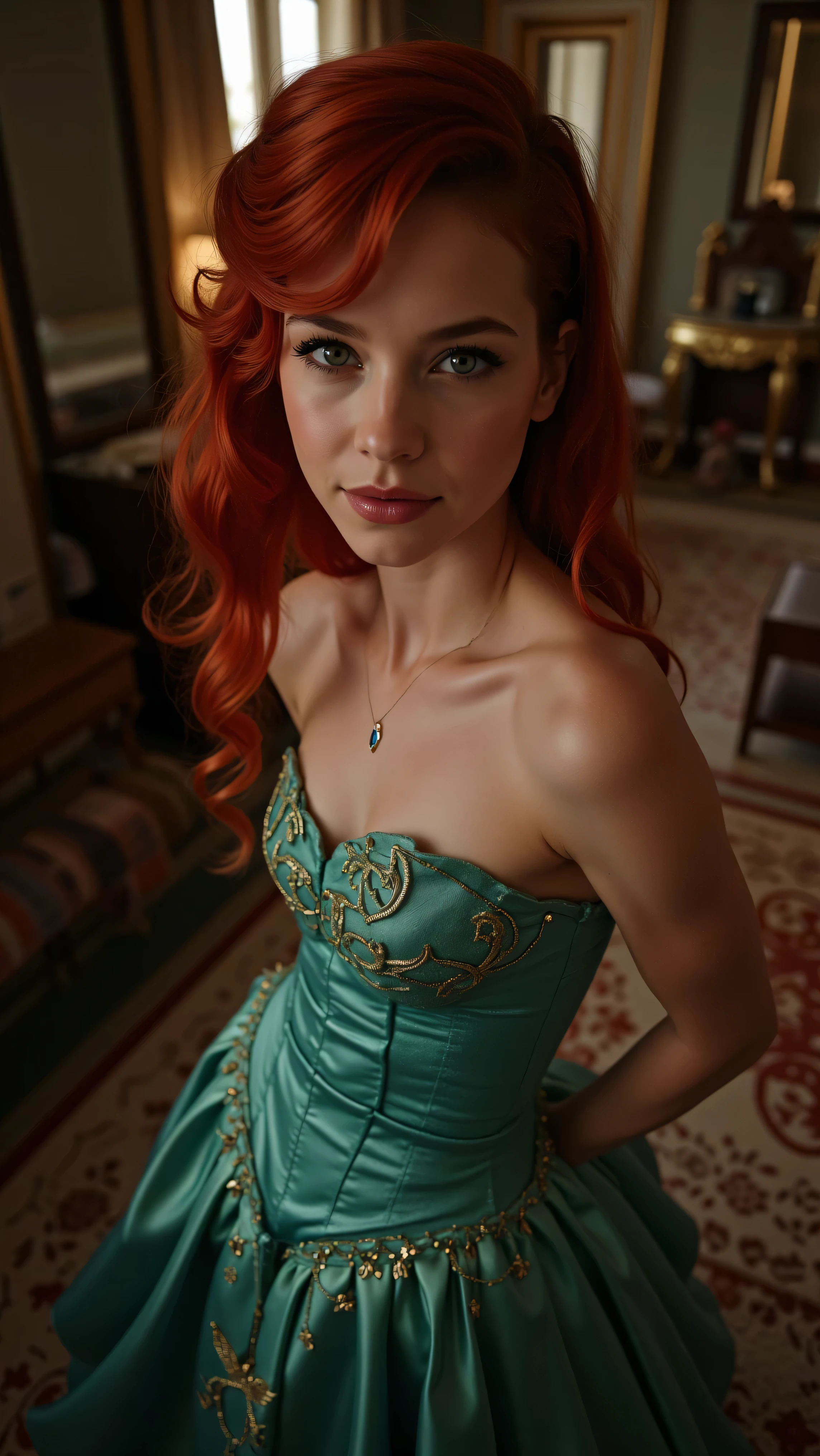 Very Close-up high angle portrait  with a fish eye lens of a busty figure, a   in a ariel costume with her breasts bursting out of the bodice, the bodice is too small for her breasts, ornate ball gown, ((18 years old with tiny breasts; Disney princess Ariel costume; glued to the body; beautiful and elegant; tiny breasts; red hair swept to the side))) and piercing gaze, standing in a dimly lit palace room with ornate designs and a high ceiling, with just a hint of early morning sunlight peeking through the windows. She stands firm, hands clasped behind her back, as she gives a slight  smile. The lighting in the room is dim with a lot focus on her tiny breasts