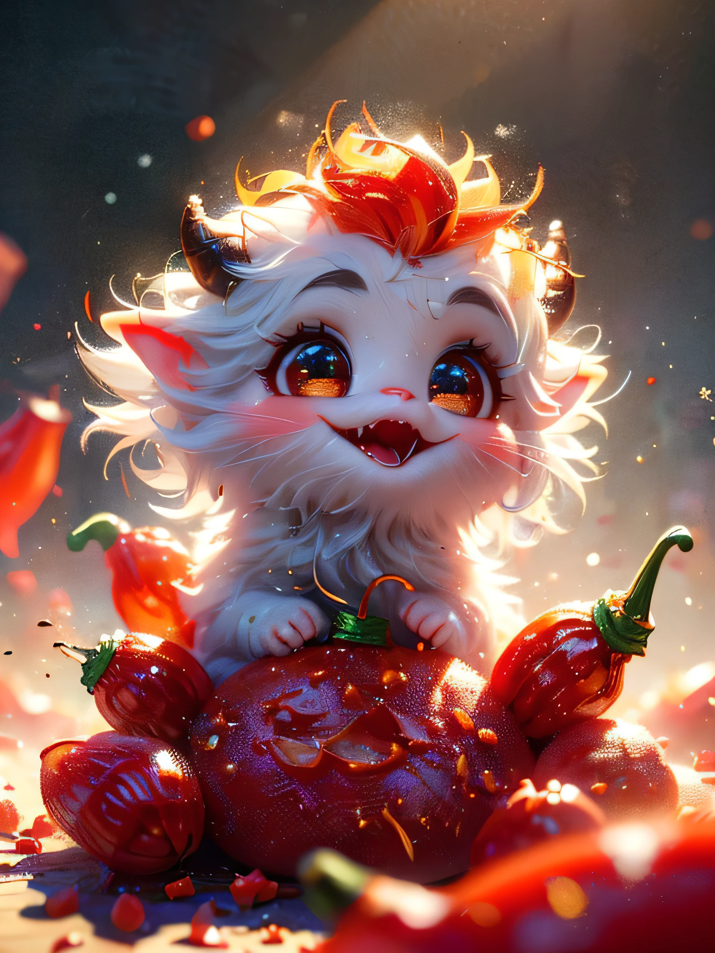 (Best Quality, Super Detail, Masterpiece, Representative Work, Official Art, Professional, Super Detail, 8k:1.3) (Photorealistic:1.2) A very cute little imp biting into a red chilli pepper. Use only two colours: bright red and deep black. The imp should look playful and funny, with big eyes and a smile, and the chilli should be bright and appetising. The background can be black to highlight the red colour of the pepper and the imp. Natural Lighting, Soft Background, Photorealistic, Shining Eyes, Sharp Focus, Cute and Mischievous Look, Hint of Mischief, Dreamy Atmosphere, Delicate Details, Soft Volumetric Light, (Backlight:1.3), (Cinematic:1.2), Intricate Details, (ArtStation:1.3)
