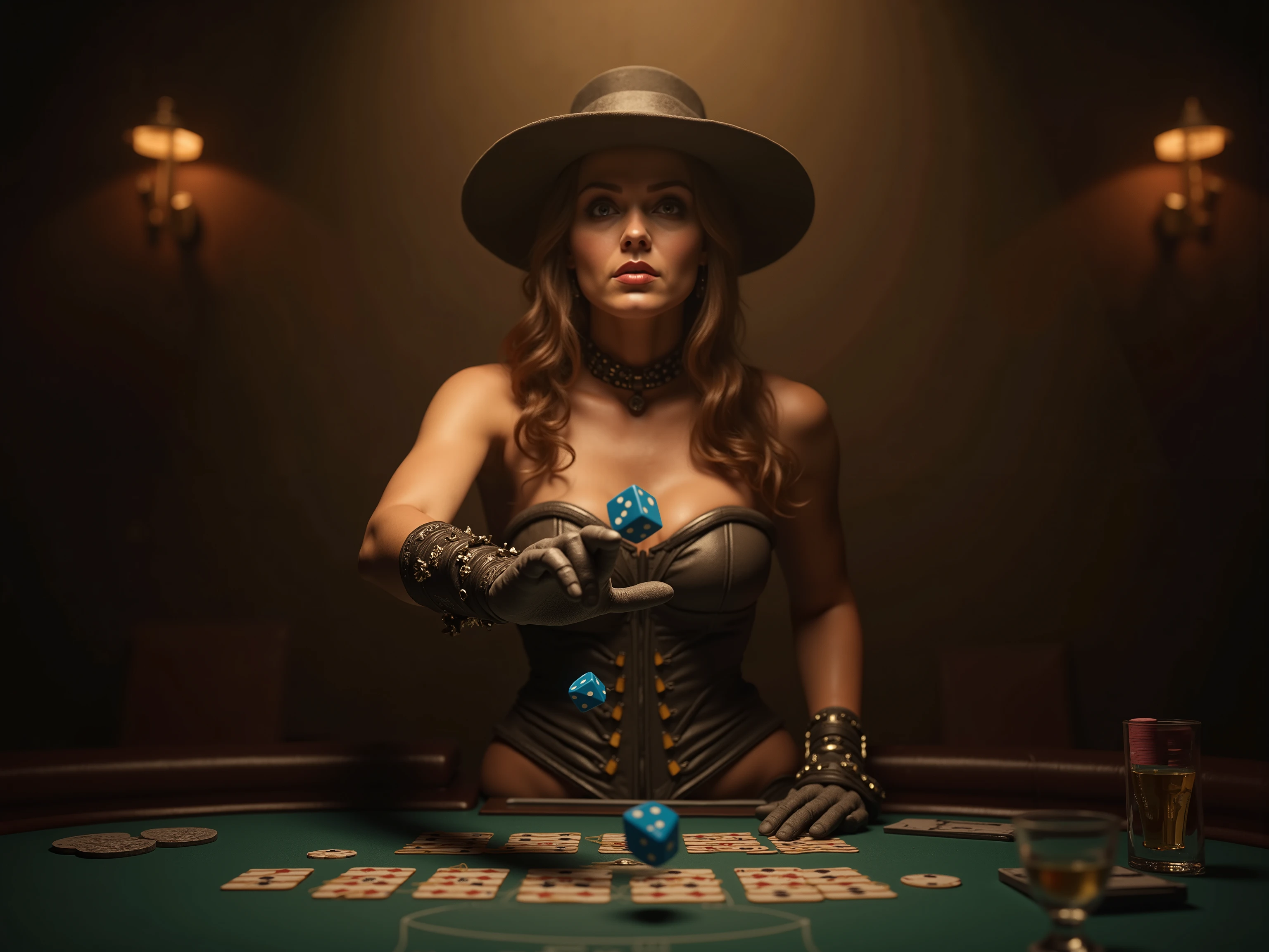 quality and details :
(8k, HD, ultra-detailed , photorealistic, masterpiece: 1.3), ( dramatic lighting , soft textures , cinematic atmosphere ).
scene and lighting :
In a smoky back room of an illegal casino, a woman drops two 10-sided dice from her hand onto a poker table — a bright blue, the other knows .
The focus is on the moment , in which the cubes are out of their hand Glide and float just above the table , While cards , chips and glasses enliven the scene .
The woman is well lit : concealed , warm Spotlights immerse them in a golden light , that sets her apart from the smoky background .
character and atmosphere :
The woman is wearing a stylish Western-inspired outfit with a modern twist — a tight corset , plus a matching hat and elegant gloves .
Her gaze is concentrated , controls her posture casually , yet , as she drops the dice .
Stil und Inspiration:
An exciting , Realistic scene, which combines the dynamics of the cubes with the mysterious , smoky atmosphere of a secret game . Every moment is full of details , from the falling cubes to their stylish appearance .