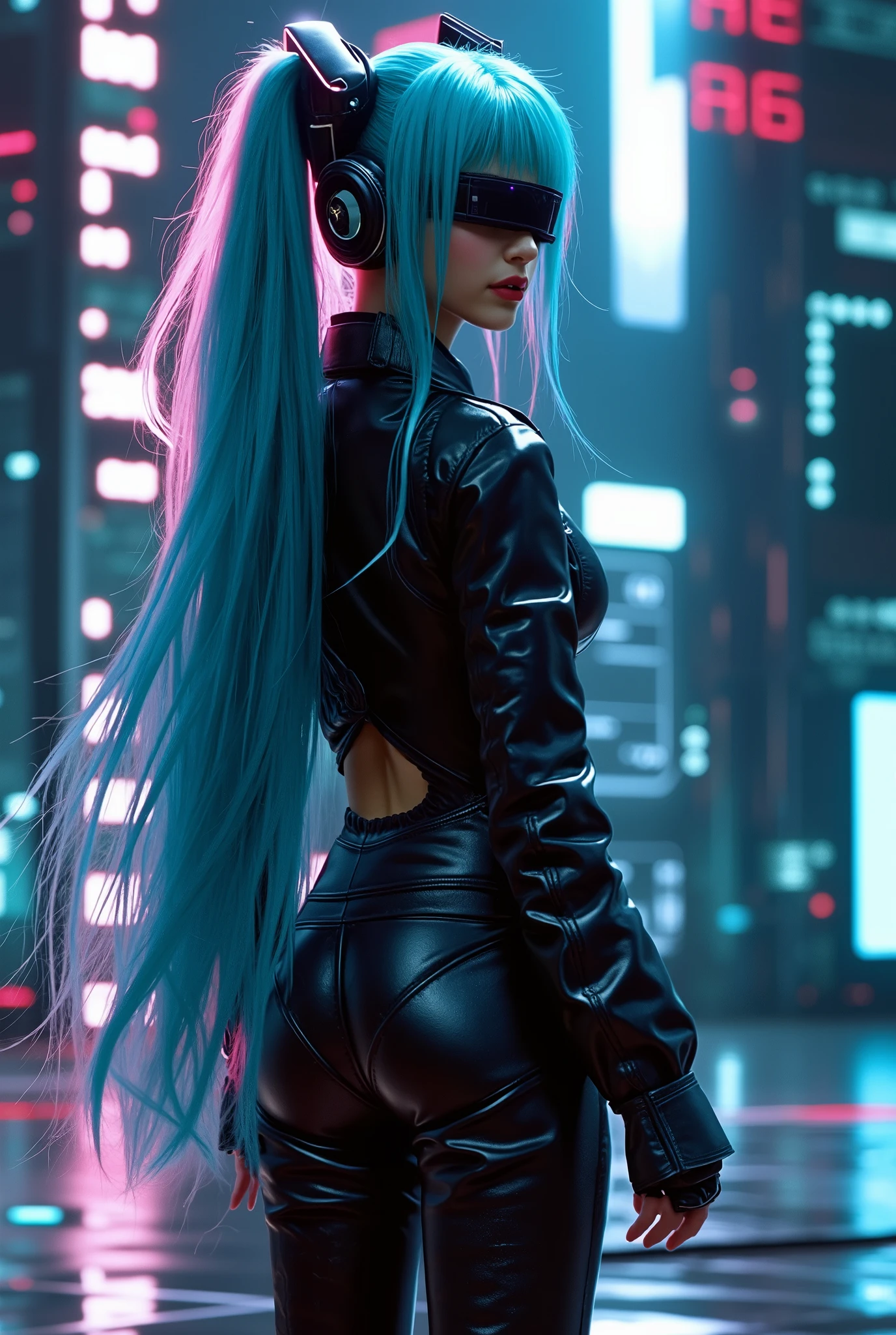 Hatsune miku with a black leather suit that emphasizes her figure., En El Mundo Digital:1.4, a highly detailed 3D rendered digital idol, beautiful girl with long flowing hair, wearing an intricate futuristic dress, standing in a vast high-tech landscape, dramatic lighting, cinematic composition, vibrant neon colors, bioluminescent effects, hyper realistic, masterpiece, 8k, cinematic, intricate details