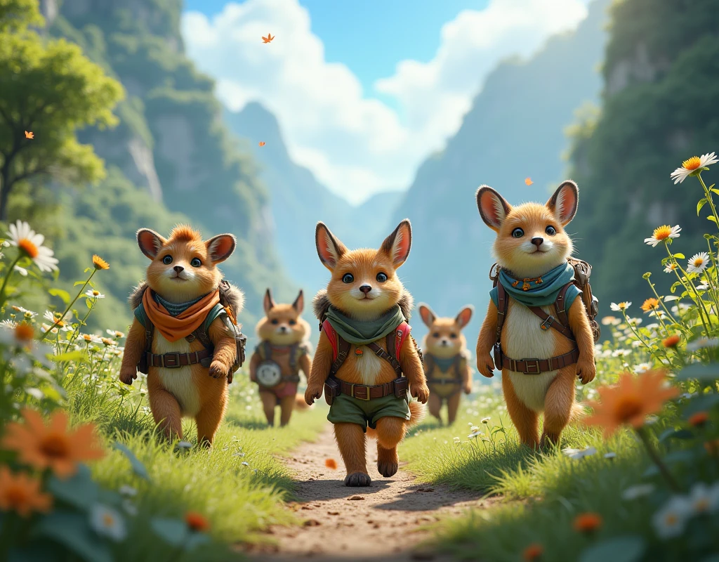a group of cute animals traveling, traveling gear, cute animal companions, fantasy, magical realism, travel scenes, ultra-detailed, hyper-realistic, photorealistic, extremely cute animal concept art