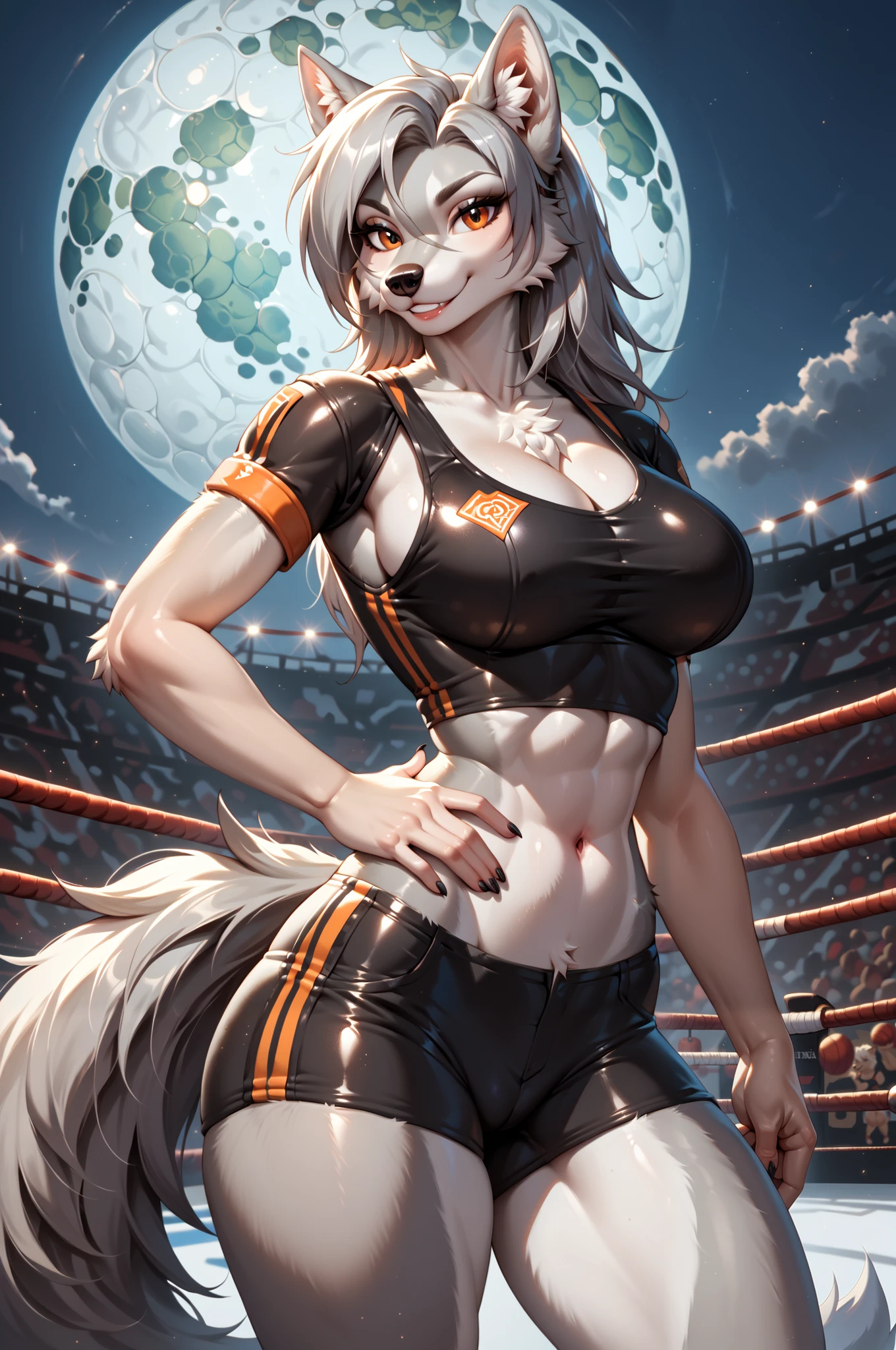 score_9, score_8_up, score_7_up, score_6_up, score_5_up, score_4_up, furry source, (solo, 1 female wolf anthro, white fur:1.5), long silver hair, orange eyes, long tail, (realistic, fluffy), (adult, beautiful, cool, confident:1.35), (long muzzle, tall:1.15), (black clothing, MMA fighter uniform, tank top, short pants, short sleeves:1.5), navel visible, (revealing clothing, tight clothing:1.25), (at indoor arena, on mma ring:1.5), (smile, relaxed:1.25), big breasts, pudgy, thick thighs, big ass, hyper, PonyScores