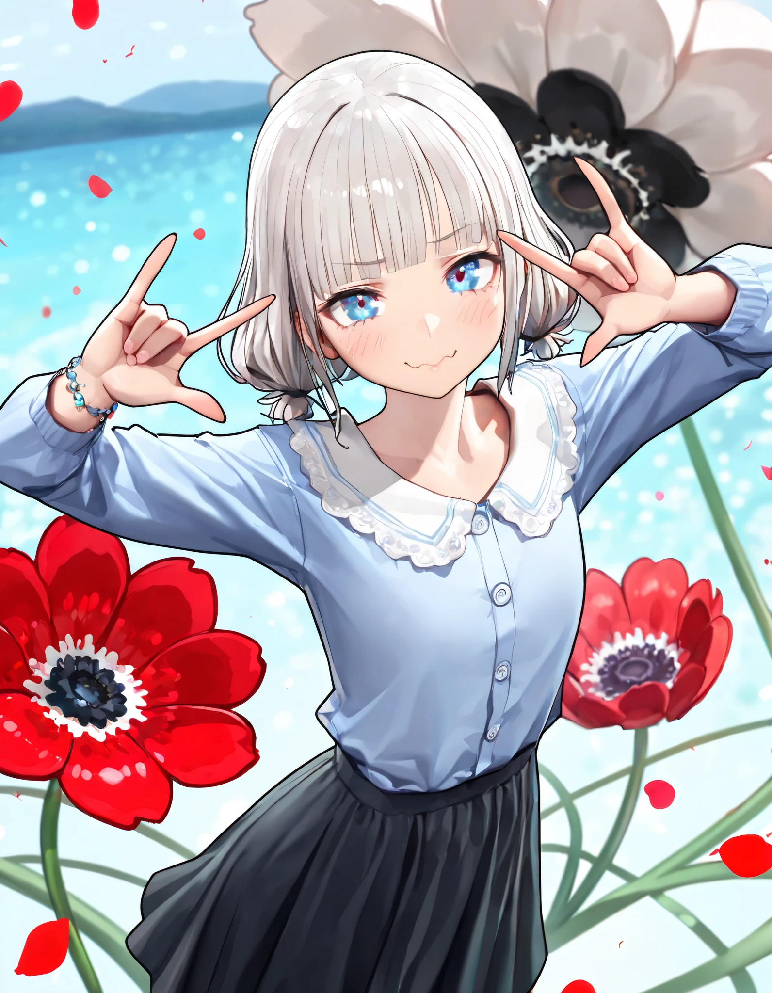 ((Masterpiece)), ((best quality)), (8K), (wide shot), (pencil drawing), (detailed background:1.2), (super detail:1.2),(High Definition:1.3), (Professional Photography:1.2), (very aesthetic:1.2), (absurdres:1.2), (sharp focus), (Dynamic Angle), ((1girl)), cute young girl, (Textured skin), looking at viewer, (glitter eyes), (wavy mouth), seductive smile, very blush, ((Beautiful many anemone)), details of the petals are delicate and gorgeous, cute teenage girl, platinum-gold hair, (loose blunt bangs), ((Short hair)), ((small low pigtail)), (Stand while bending at the waist), (\m/, rising arm), Healthy skin, (Healthy slim body), BREAK, loose skirt, (pale blue buttoned long sleeves), Fine gemstone bracelet, (cute cheeks), glossy lips, pouty lips, (lower eyelashes),