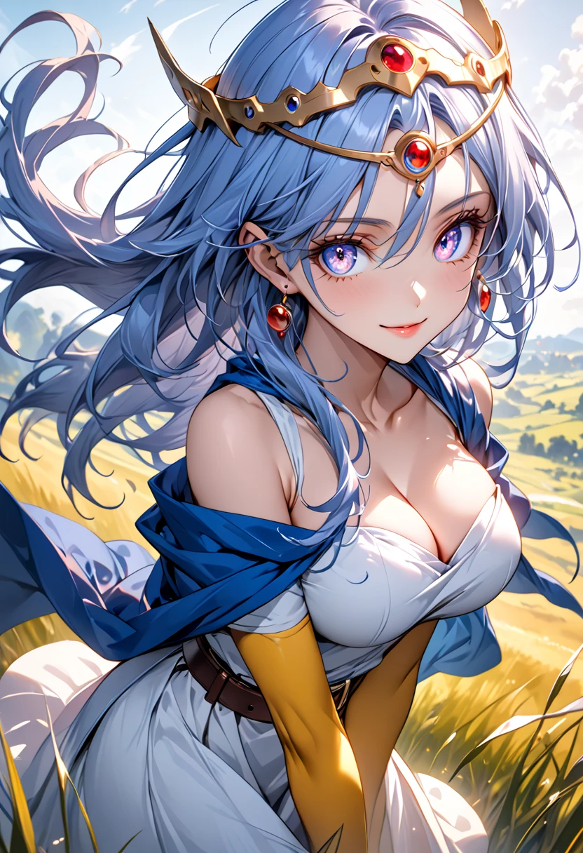 masterpiece、highest quality、Very detailed、shape、Sage_(dq3)、1 adult female、(holding staff, staff:1.3)、alone、Long Hair、Blue Hair、Circlet、red eye chest、Yellow gloves、White Dress、belt、Cape、boots、Pink Earrings、Cleavage、Expose your shoulders、whole body、Grass、Wind lift、Simple Background、White Background、Beautiful Face、Draw in detail
