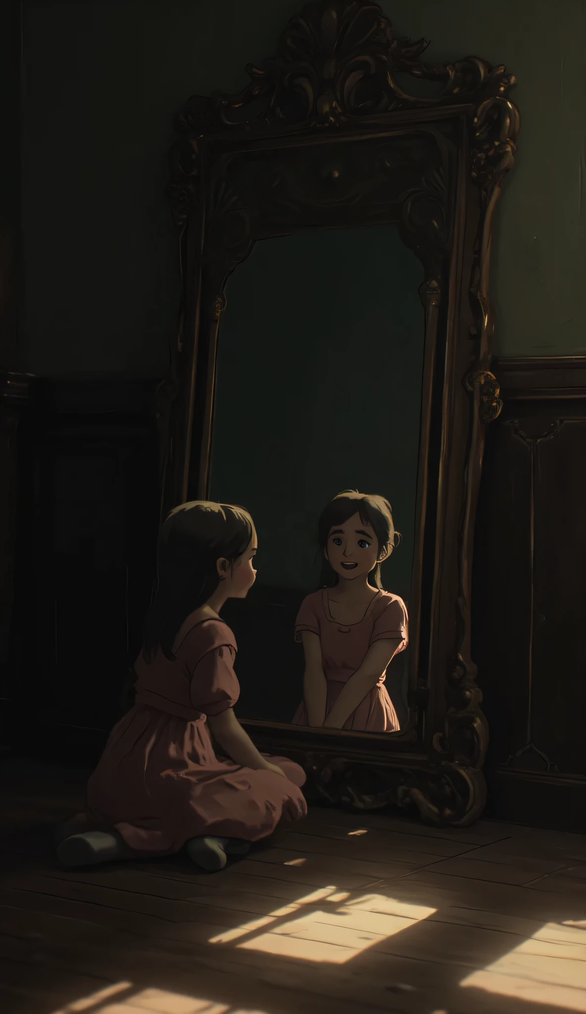 Indication 1 : The girl playing in front of the mirror
" A dimly lit room in an old house in Moscow , with a large antique mirror adorned against the wall . A girl is sitting cross-legged on the floor , smiling and speaking in the mirror as if she were addressing someone . The reflection in the mirror shows a slightly distorted image of the girl , but with subtle and strange differences in her features . The room is full of antique furniture and Shadows spread across the floor, , which helps to create a disturbing atmosphere ".
