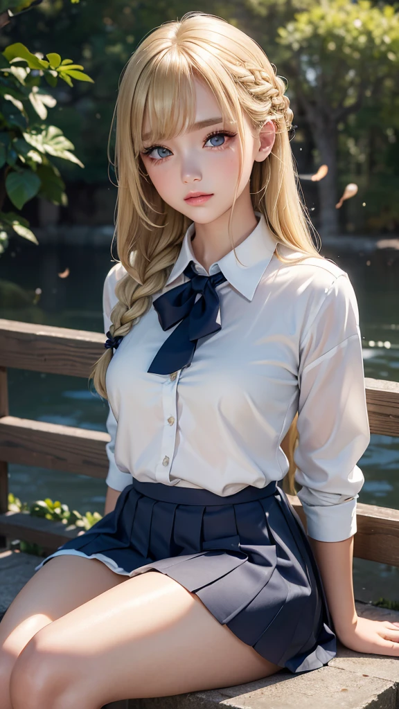 (A high school girl sitting on old male:1.4), ((Highest quality)), ((masterpiece)), (detailed), Braided long hair, ((Blonde, bangs)), (reverse upright straddle:1.3), (girl on top), (old man behind the girl:1.4), (fraccid penis), Very cute eyes, False eyelashes, (((Watery eye))), (surprised), (She's in trouble), Glossy thick lips, Glowing White Skin, Pleated skirt, outside, moonlight, shooting star, Wind