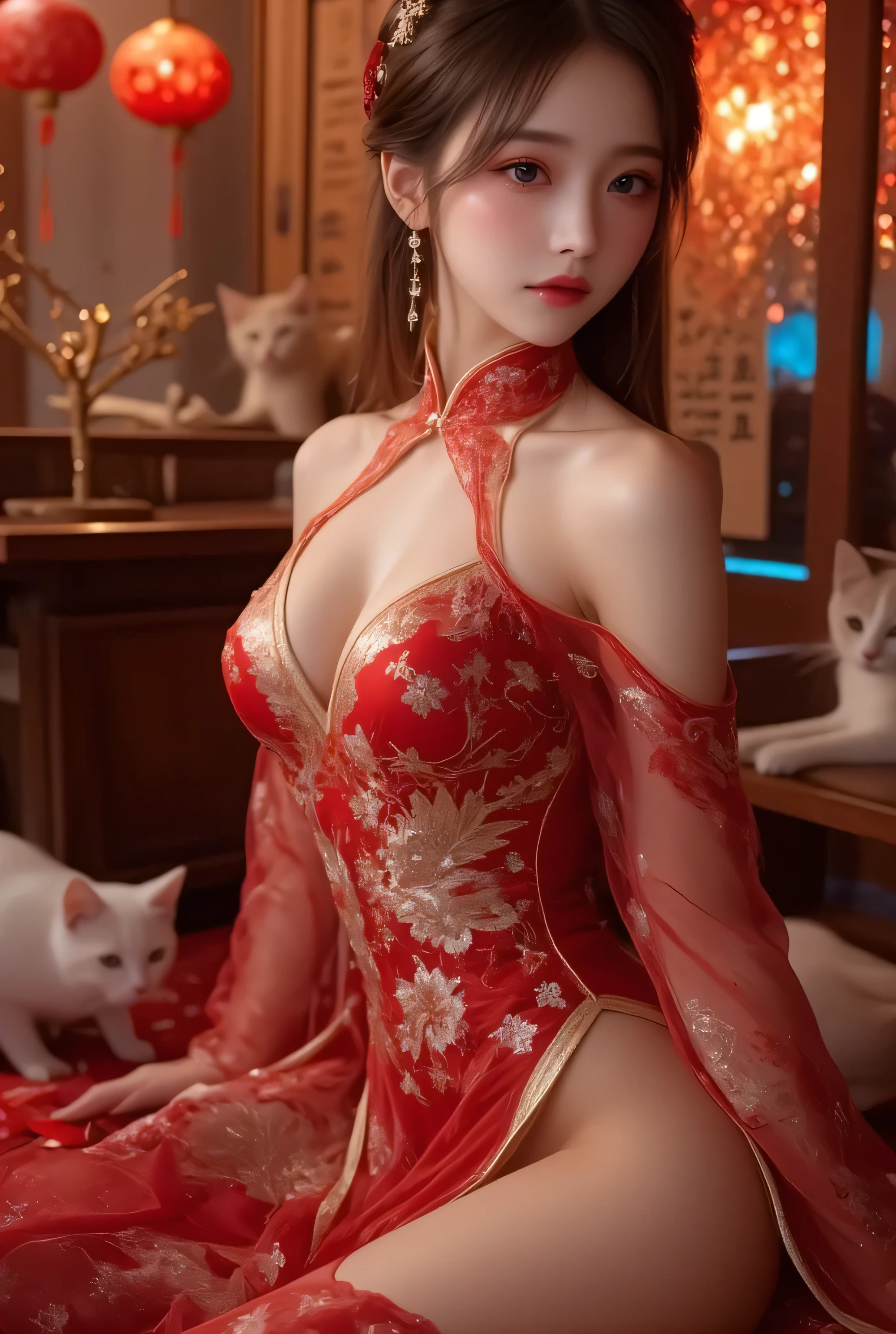 Cat ears、 face up, attractive, pretty girl, ponytail、 (( fine facial features , eroticism)), dramatic lighting , realistic , 8k, Dramatic Shadows , intricate and elaborate patterns , super detailed photo , chiaroscuro lighting , Pleasant colors , deep contrast , super real 、 pink lipstick、 warm room、Vintage Fireplace 、 cinematic composition、Close-up of face, pretty half part transparent open shoulder loose outfits dress, tang style, A beautiful Korean idol wearing a one piece red- black tightly cheongsam with phoenix and intricate floral golden embroidery, golden and silver outline on dress, standing gracefully in a room filled with traditional Chinese New Year decorations. The room features vibrant red lanterns, decorative calligraphy scrolls, a small Chinese orange tree with golden ornaments, and several red envelopes scattered across the floor and hanging from the tree. Adorable, playful cats are part of the scene—some sitting near the tree, others curiously pawing at the red envelopes or lounging around. Through a window or an open door in the background, vibrant Chinese fireworks light up the night sky in an array of reds, golds, and blues, casting a magical glow into the room. The idol’s outfit is paired with subtle accessories like red hairpins or earrings, complementing the festive look. The atmosphere is warm and lively, filled with the joyful essence of the celebration, enhanced by the shimmering lights of the fireworks and the lively decor.