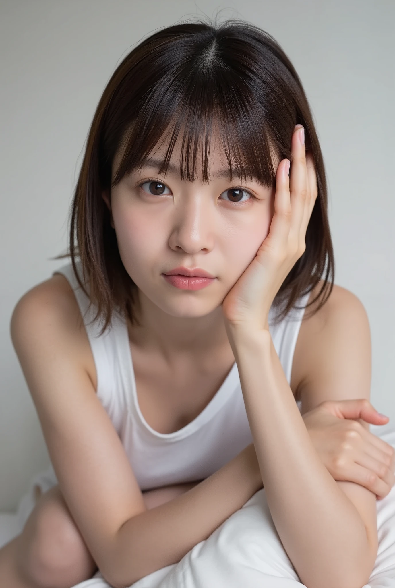 The high resolution photograph of a young Japanese woman, realistic, photo-realistic, masterpiece, best quality, intricate details, extremely detailed, sharp focus, professional lighting, (bust shot, front view, from above:1.2), solo, 1girl, (lying in a bed, on back, head on pillow, sleeping posture:1.4), slender body, small head, straight long black hair with blunt bangs, pale skin, fine-textured skin, shiny skin, natural make-up, tiny breasts, t-shirt, covered nipples, sensual face, seductive eyes, seductive posing for gravure photography, fingers brushing her hair, anatomically correct proportions, indoors, home, bedroom,