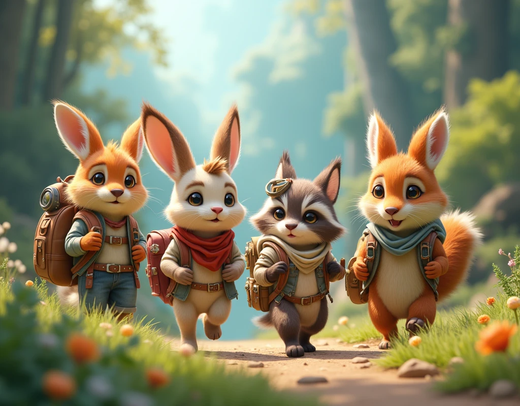 a group of cute animals traveling, traveling gear, cute animal companions, fantasy, magical realism, travel scenes, ultra-detailed, hyper-realistic, photorealistic, extremely cute animal concept art