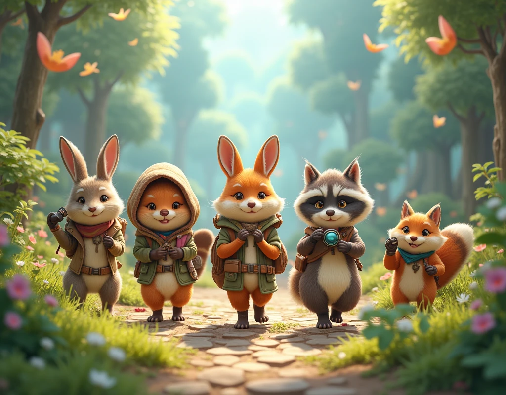 a group of cute animals traveling, traveling gear, cute animal companions, fantasy, magical realism, travel scenes, ultra-detailed, hyper-realistic, photorealistic, extremely cute animal concept art