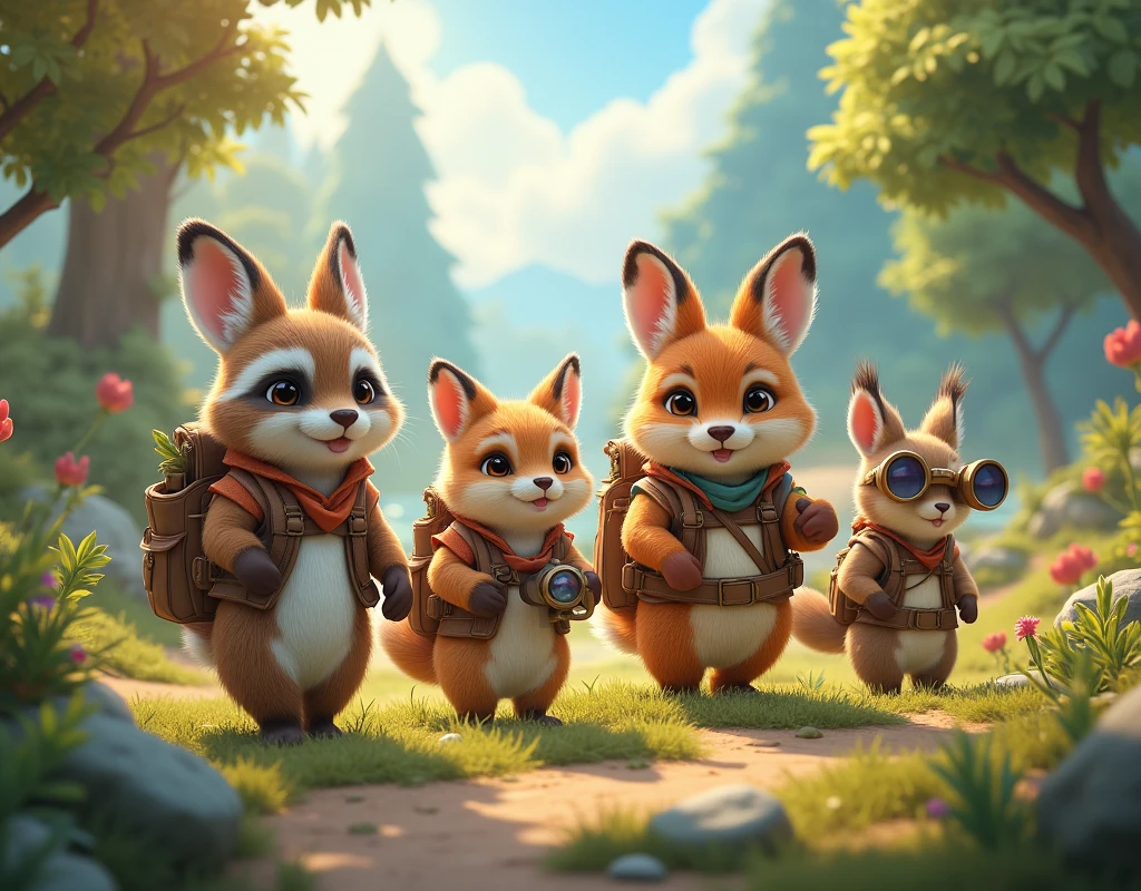 a group of cute animals traveling, traveling gear, cute animal companions, fantasy, magical realism, travel scenes, ultra-detailed, hyper-realistic, photorealistic, extremely cute animal concept art