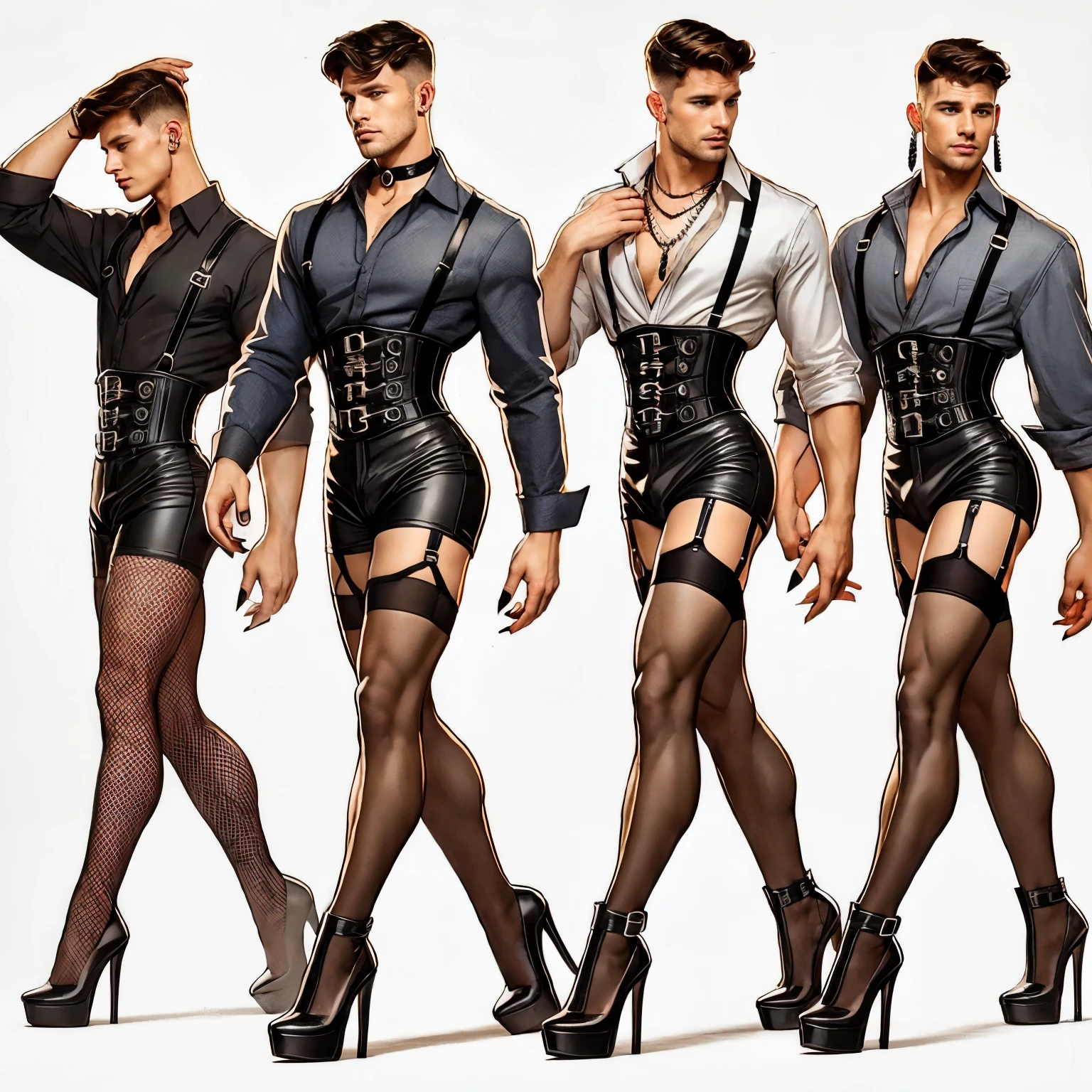 Three Muscular masculine hunk  men with very short hair, panties and hot bra, gaff, black nylon stockings with lace top, vintage padded bra, vintage girdle,garter belt, corset, extreme black stiletto high heels pumps with metal heels and closed toes, with makeup, fake nails and fake eyelashes,