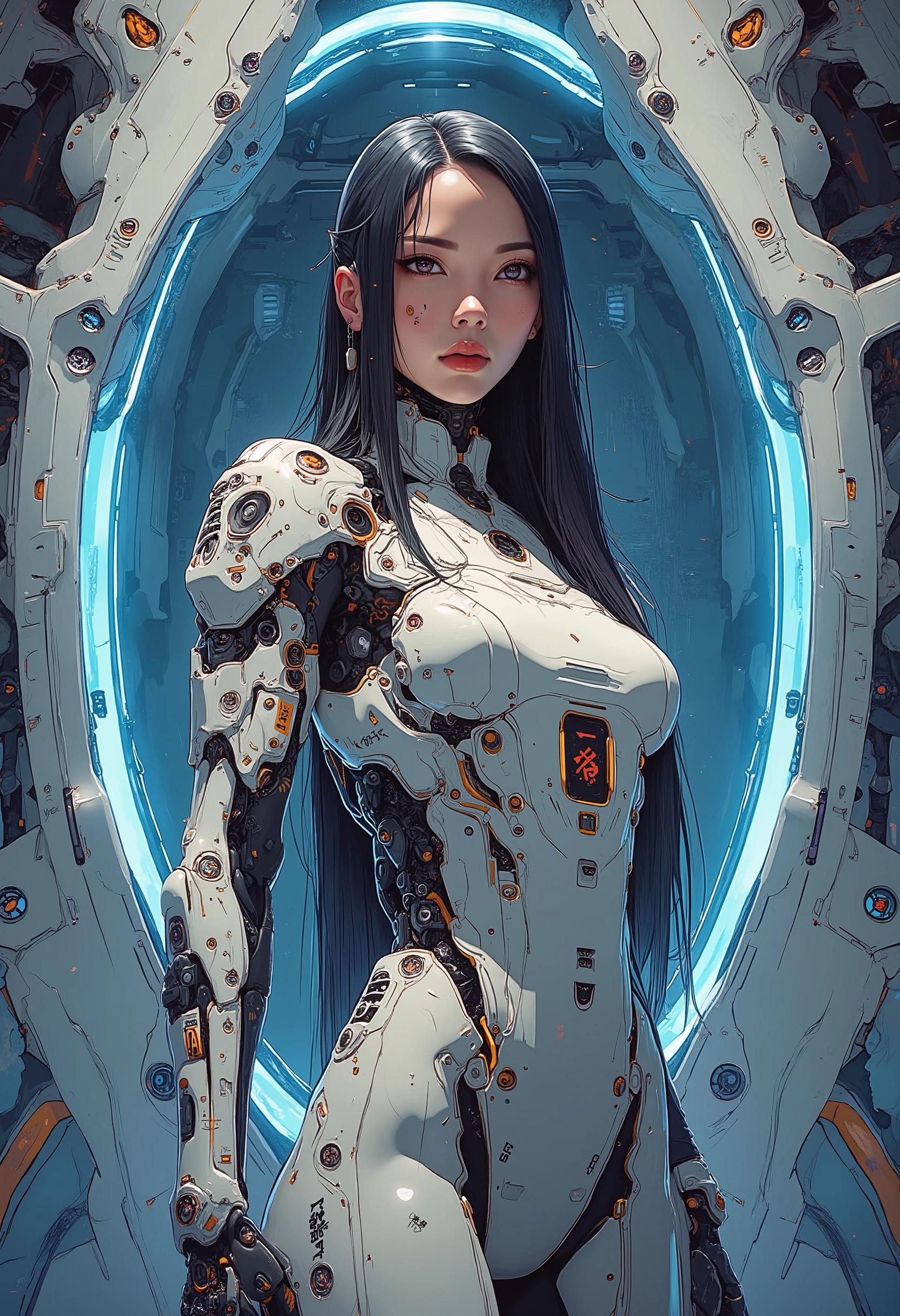 ((Airbrush art style painting)) of (perfect Asian cyberpunk girl))), (((wearing incredibly detailed ornate cyberpunk armour))), ((LED lights)), (shapeless long hair), perfect features, ((((full figure) dynamic pose))), (((starship interior))), (((Jim Burns art style))), abstract beauty, near perfection, pure form, concept art, intricate detail, 8k post-production, High resolution, super Detail, art station Trends, sharp focus, studio photos, intricate detail, Very detailed.
