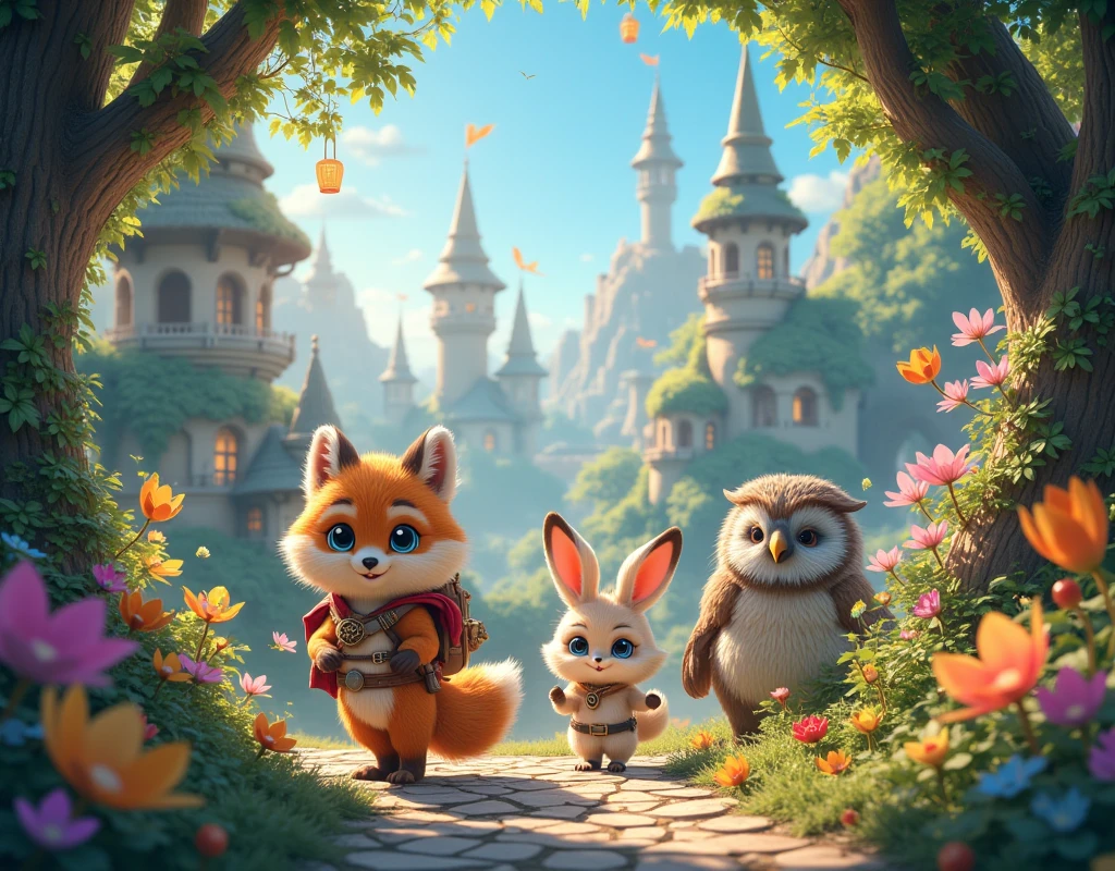 a group of cute animals traveling, traveling gear, cute animal companions, fantasy, magical realism, travel scenes, ultra-detailed, hyper-realistic, photorealistic, extremely cute animal concept art