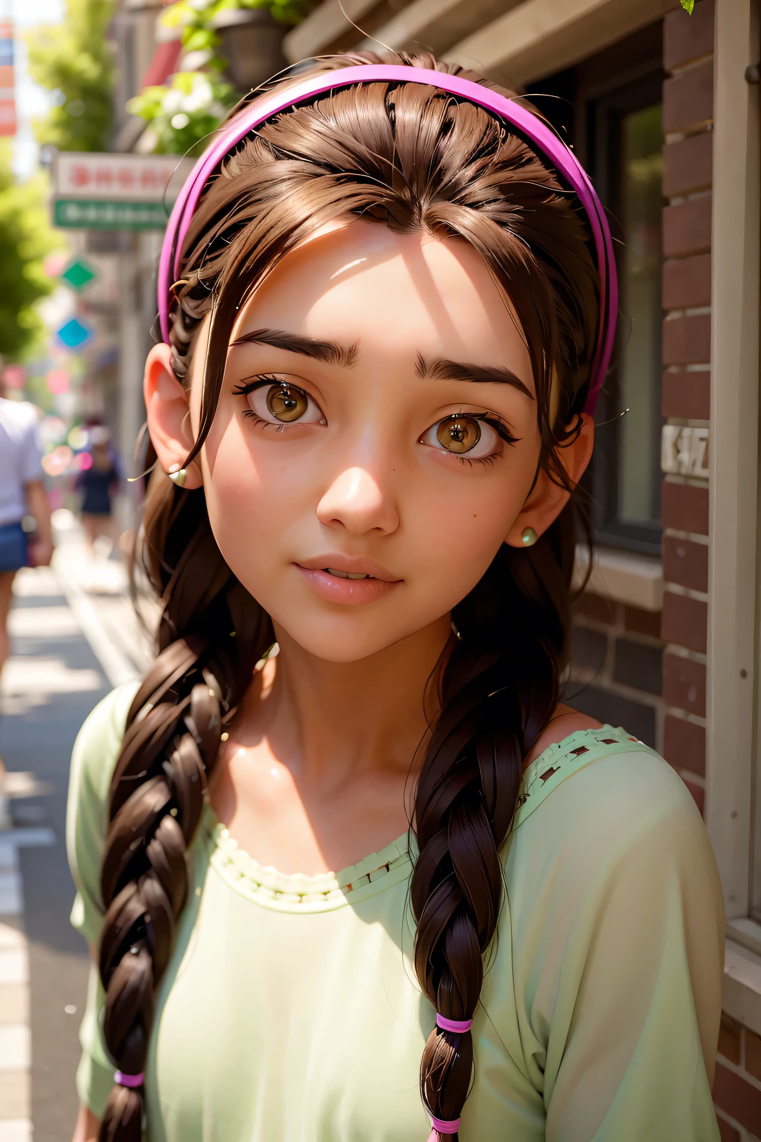 An impressive and intricate full color portrait, Ultra-HD a girl, brown hair with 2 braids, brown eyes, pink headband, detailed face, dressed in a light green t-shirt with embroidery on the neck, no logos, epic character composition, alessio albi, nina masic, sharp focus, natural lighting, subsurface dispersion, f2, 35mm, gentle smile
