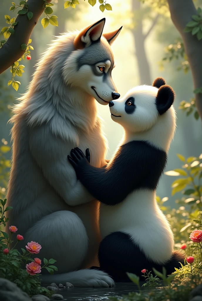 Panda bear and she-wolf, kiss with initials of K and L