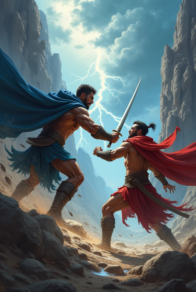 Give me a panel of  Mage with a sword  Vs  strength only fist and the next panel the strength man  win the fight and scream for a victory 
