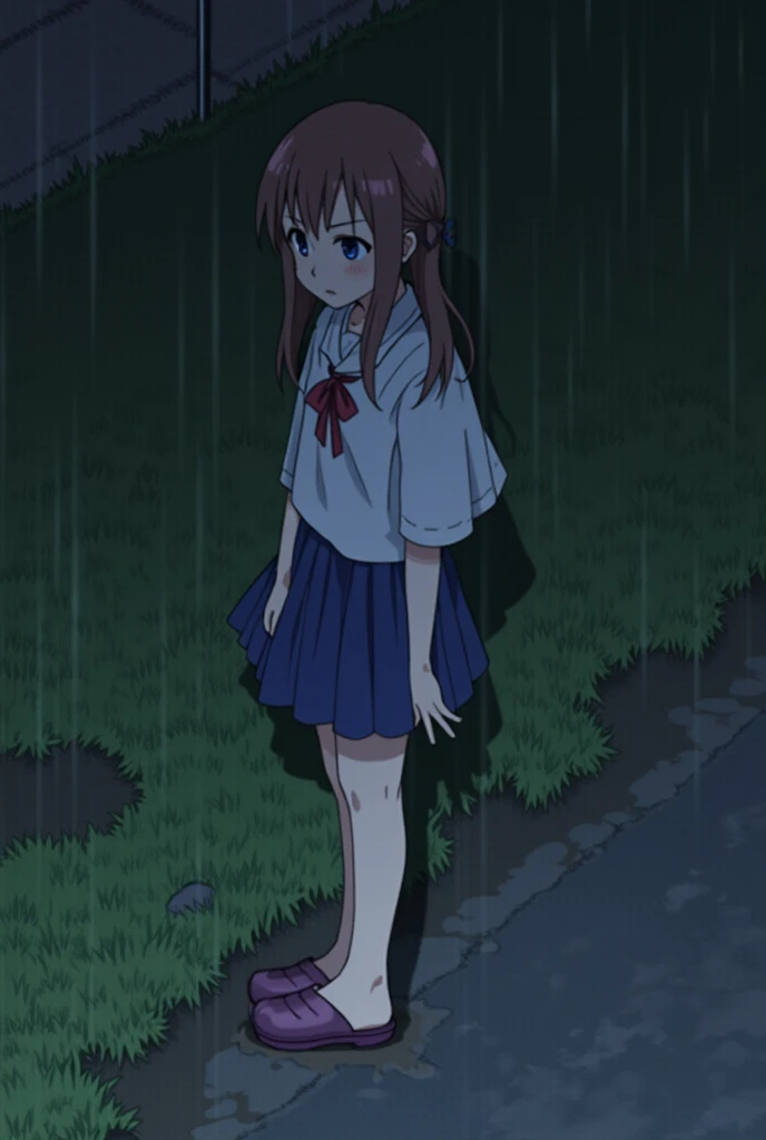 A girl in a school uniform, wearing a purple jersey top, a white inner layer, and blue sports shorts, carrying a backpack, walking home from school, in a narrow alleyway, wetting herself, peeing while still wearing her clothes, dripping liquid from her crotch, creating a small puddle at her feet, holding her crotch, emphasizing her embarrassment, tears streaming down her face, spreading her legs. (best quality, 4k, high-res, masterpiece:1.2), ultra-detailed, (realistic, photorealistic, photo-realistic:1.37), HDR, studio lighting, professional, vivid colors, bokeh, portraits, school environment, soft lighting, serene atmosphere, natural scenery, bright tones, gentle shadows, subtle highlights, soft focus, delicate details, smooth textures.