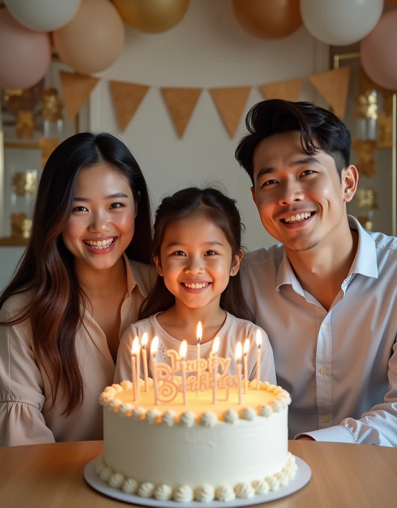 ((36-year-old American man, stark, black thin button-down shirt, black linen pants, ))((26 year old Korean wife,Beautiful face, delicate pink dress, ))((7-year-old daughter in a birthday dress, 6th birthday blowing out the candle(6velas).))
Um Jardim, A table with cake, balloons around
Realistic image in 8k
