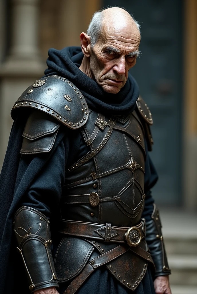 Masterpiece, Best Quality, 8K, Photographic Reality, Realistic, Dynamic Pose, dynamic fantasy lighting, A fullbody (head to foot) image of a thin old senile human guard in dark leather rogue armor