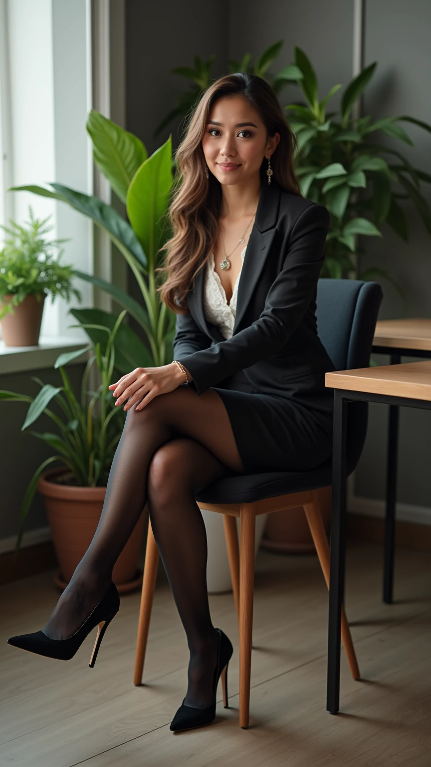 An older lady with black hair and blue eyes sits in a cafe, There is a laptop in front of her and she is wearing a luxurious suit