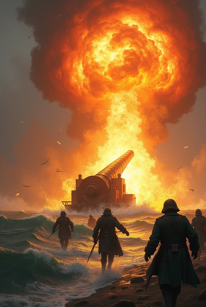 A huge cannon strike explodes in a sea of flames, While soldiers get to safety in the background .