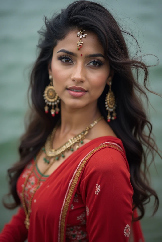 RAW, style, A striking portrait of the goddess durga with striking features. A 45-year-old Indian woman. She must have long, wavy black hair, a deep gaze, and a captivating expression. She is wearing red Indian dress. The background should be neutral and simple, allowing the woman to be the focal point of the image. Please pay close attention to details, such as highlights and shadows on your face and hair, to create a realistic and realistic image. Try different lighting techniques to improve the mood and atmosphere of the portrait. The final product should be a masterpiece that captures the essence and beauty of the woman, ((highly detailed skin, skin details)), sharp focus, volumetric mist, 8k UHD, DSLR, high quality, film grain, Fujifilm XT3, full body