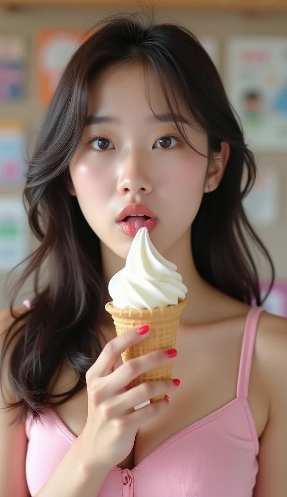 best quality, masterpiece, ultra high res, 8K, raw, (photo realistic:1.4), sharp focus, 1 girl, (detailed background:1.5), full body, day time, detailed clothes, holding, food, tongue, eating, licking, ice cream, ice cream cone,