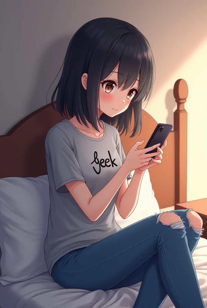 (high quality, 8k, 4K, High Contrast, masterpiece:1.2, 最high quality, Best aesthetics), ((1 female)), Black Hair, ponytail, Long sleeve T-shirt, T-shirt with illustrations printed on it, hot pants, Beautiful thighs, Sitting on the bed, Addicted to smartphone screens, Eyes on the smartphone, Soft Light, Luminous pupils, A kind smile, smile, In the bedroom, Pillows and sheets, Best night, Hand holding a smartphone, Perfect hands, Fine image,