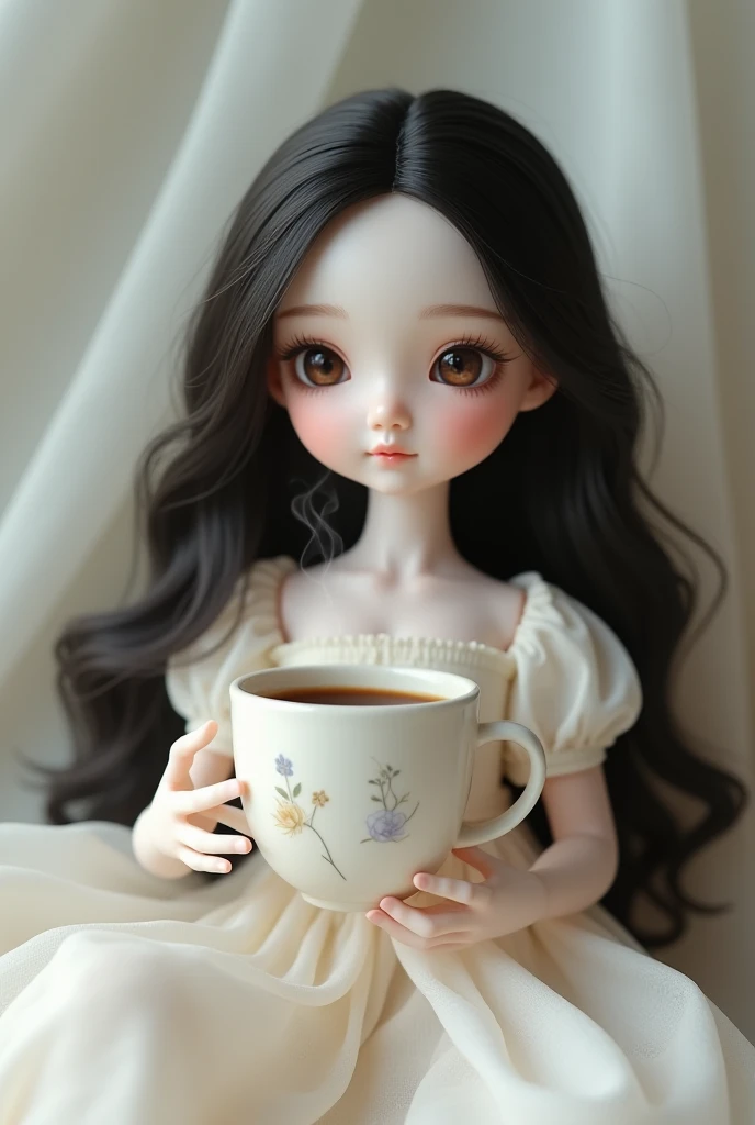There's a young girl, holding a cup of coffee in his hand, Girl cute-fine-face, cute natural anime face, mit niedlichem - feinem - Gesicht, Sakimi chan, Chiho (Disambiguation, Yoshitomo Nara, junges niedliches gesicht, beautiful japanese girls face, brown hair and big eyes, Cute kawaii girl, beautiful bright big eyes