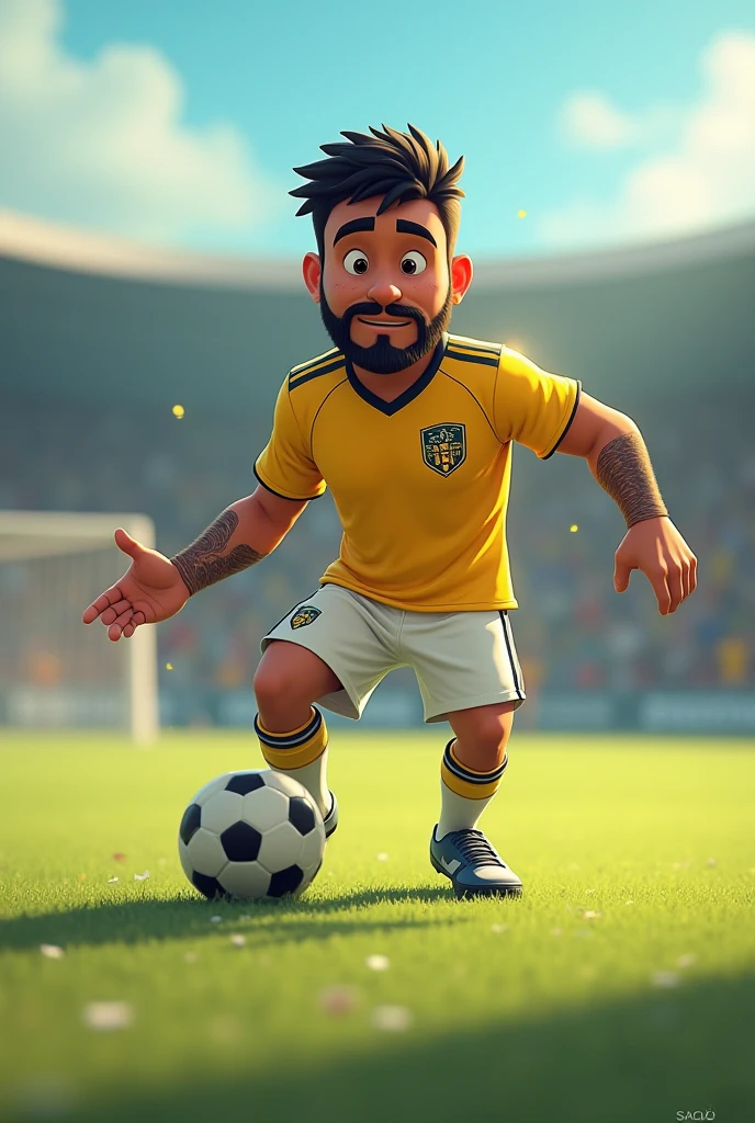 a 3d pixaar disney style movie poster with the text "Lucão Physiotherapist" A white man with black curly hair with beard with glasses , atendendo o joelho do jogador neymar em um campo de futebol