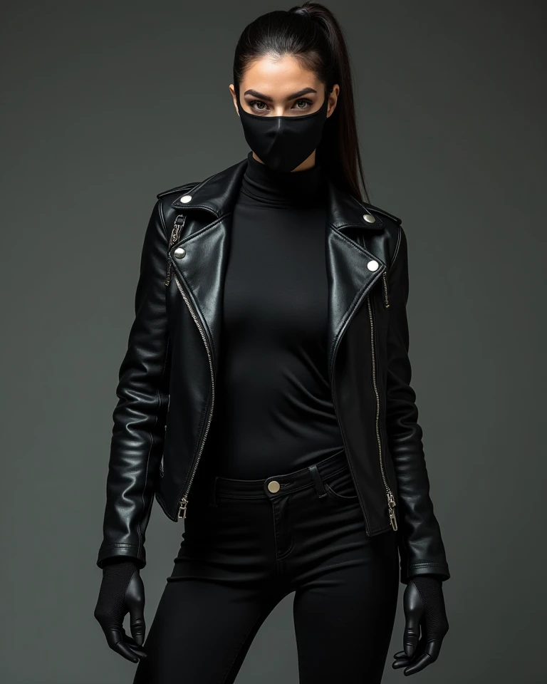(photorealism:1.2) a beautiful indonesian woman, wearing leather outfit, look like a mistress, standing, whip on her hand, demanding looks, mouth masked, oversized