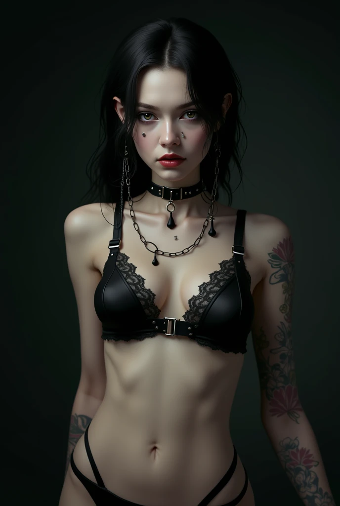 Hyper realistic photo perfect succubus vampire, sexy seductive facial features, tattooed face, smooth snow white skin, thin curved black eyebrows, Black eyeliner, dark black eye shadow, neon blue eyes, crazy eyes, thick black lipstick, curved lips, extremely detailed long black wavy hair, vibrant red highlights, earrings, lip piercings, choker collar with chains, ((complete fullbody)), larg voluptuous breast,detailed small perky nipples, tattooed breast,devil tattooed Sternum underboob, tattooed stomach, slim waist, toned hips, toned thighs, tattooed back, tattooed hips, teenage vagina, perfect pussy, thick toned ass, demonic tattooed vagina, demonic tattooed ass,