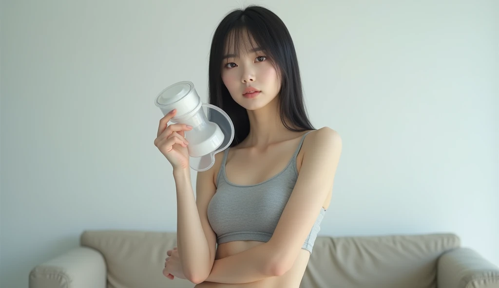 (lifelike, high - resolution:1.3), 1 girl with a perfect body, Super fine face and eyes,slong hair, Tank top of random colors:1.2, sitting down at her computer desk drinking coffee from a white mug