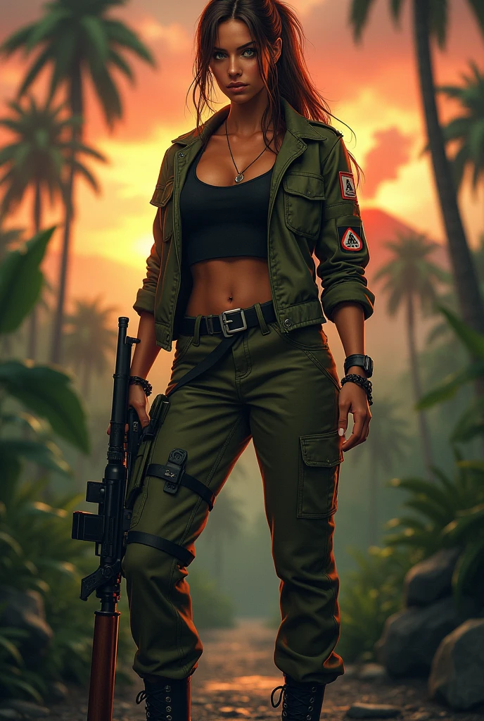 woman, mocking pose, bullet belt crossing her torso, carries a rifle on her back, camouflage pants, golden hair, broken muscles, dark skin, curly hair, sculptural body, Amazon jungle background, high definition, RTX lighting, Full body focus, bandit expression.