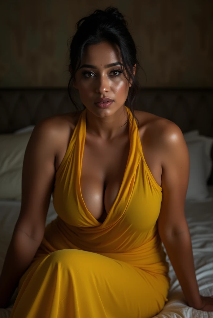 Photo of Voluptuous Indian Mature Old Aunty with dusky skin, Wearing Tight yellow Kurti and White stole tied around her neck, Showing large Cleavage Sitting on Bed, Hair tied behind, Dim light in the room.