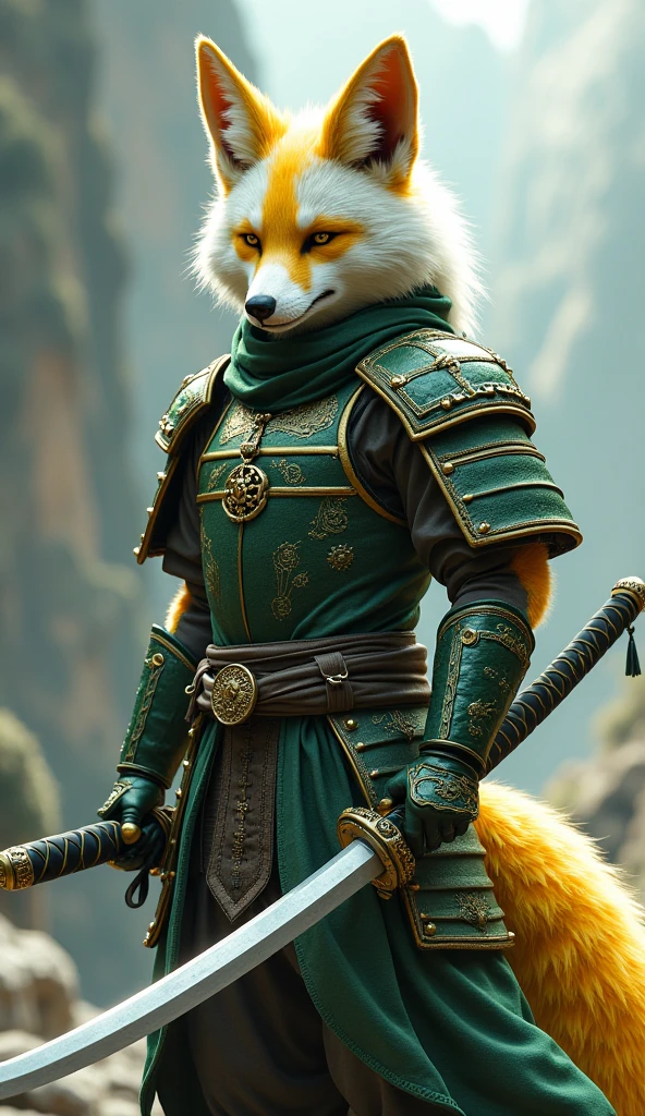 Samurai fox with katana and gladiator Armour made with white, green, yellow and black colors