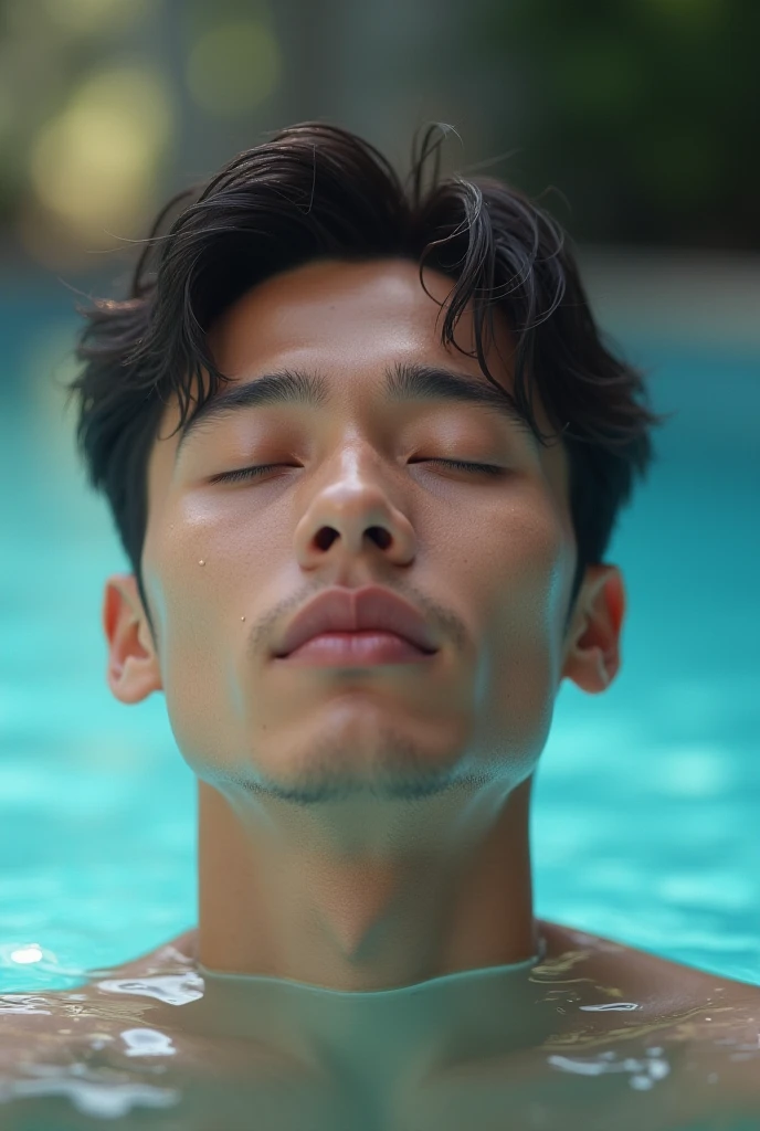 real photo. young man Indonesian face. closed his eyes tilted his head. His right hand dripped water towards his ear. was in the swimming pool.
Ultra-realistic 8K photograph, shot with a Leica Q2, strong color contrast and sharp clarity --quality 2 --