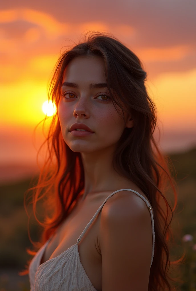 Portrait of a 22-year-old red-haired woman, close-up chest, disjointed cream-colored linen bustier, hands in hair, sexuality, seduction, love look, lake, sunset, cinematographic rendering, 32K, RAW